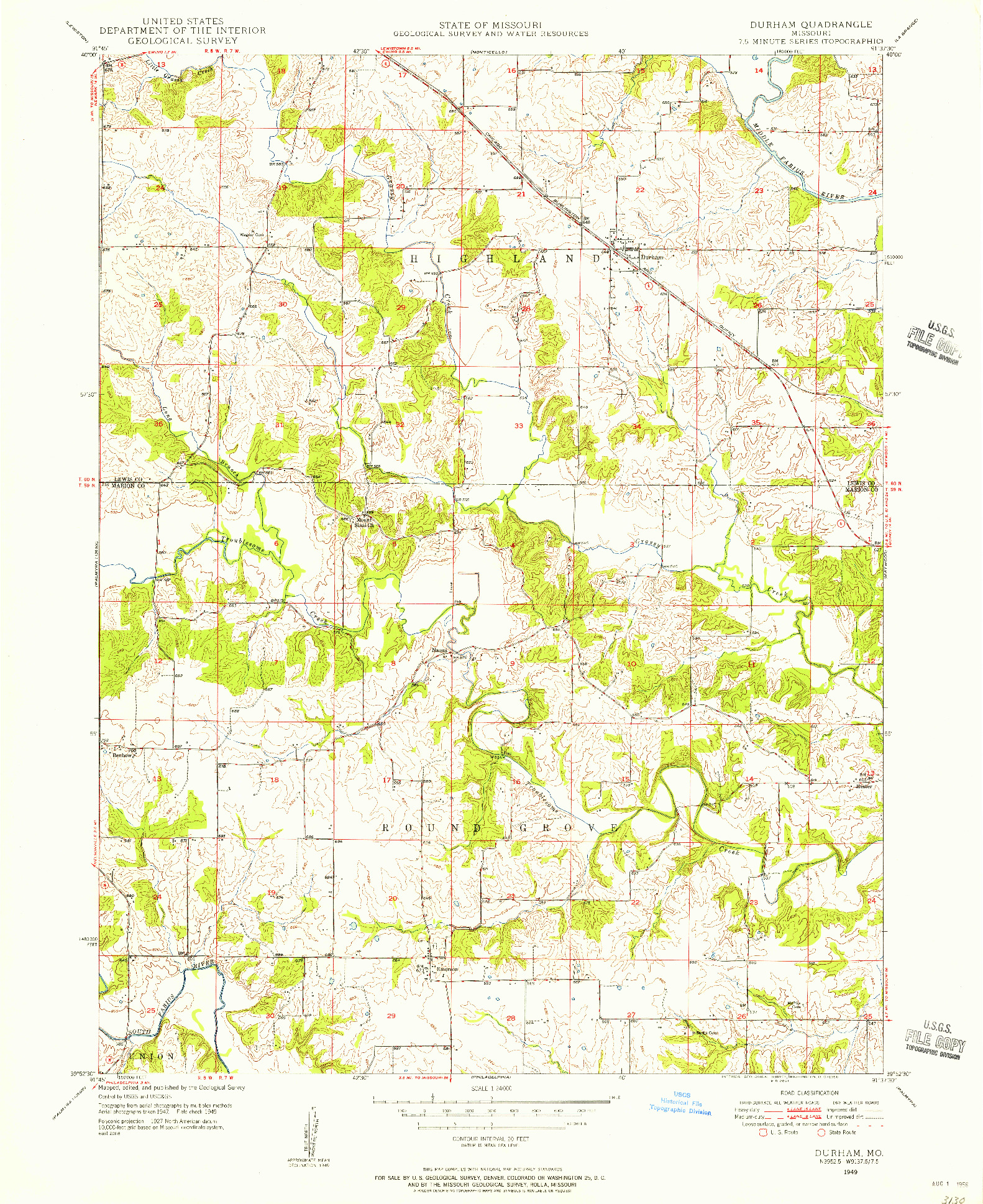 USGS 1:24000-SCALE QUADRANGLE FOR DURHAM, MO 1949