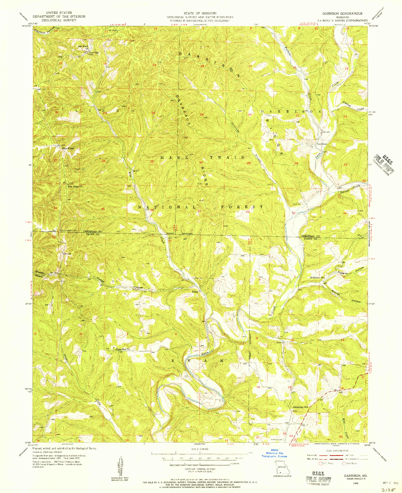 USGS 1:24000-SCALE QUADRANGLE FOR GARRISON, MO 1955