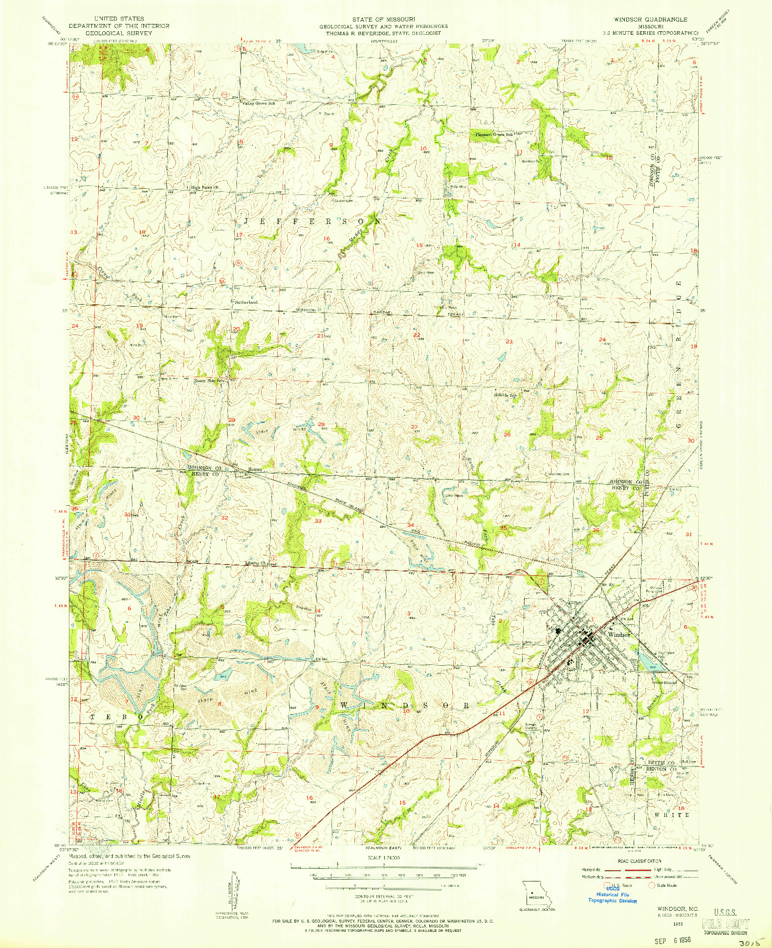 USGS 1:24000-SCALE QUADRANGLE FOR WINDSOR, MO 1955