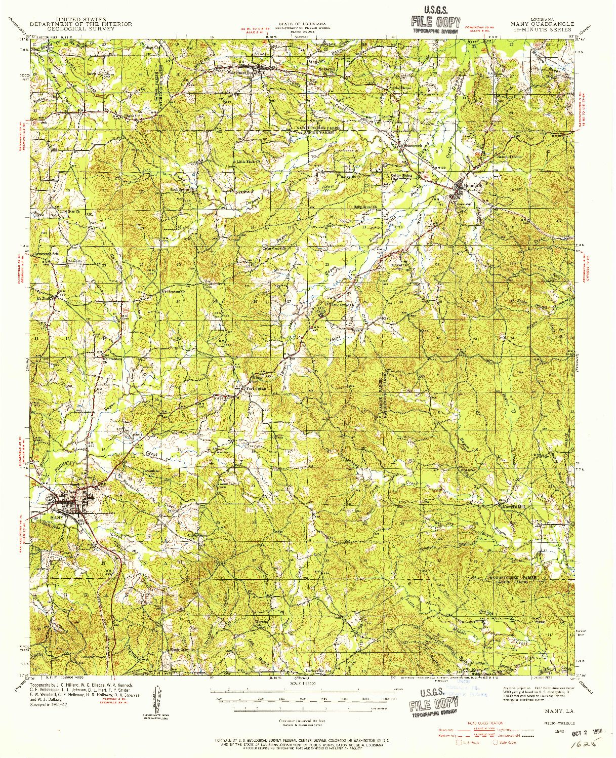 USGS 1:62500-SCALE QUADRANGLE FOR MANY, LA 1942