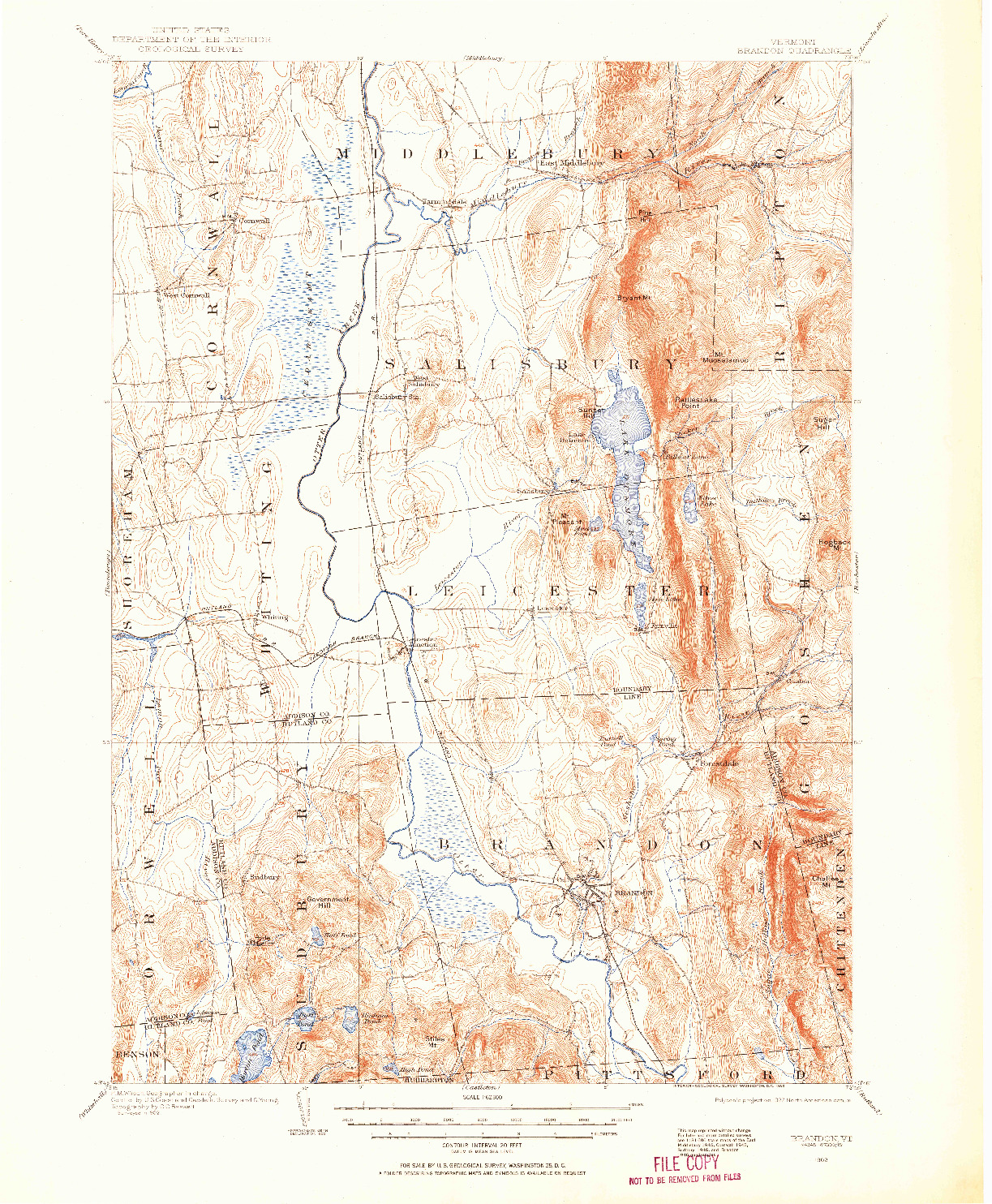 USGS 1:62500-SCALE QUADRANGLE FOR BRANDON, VT 1902