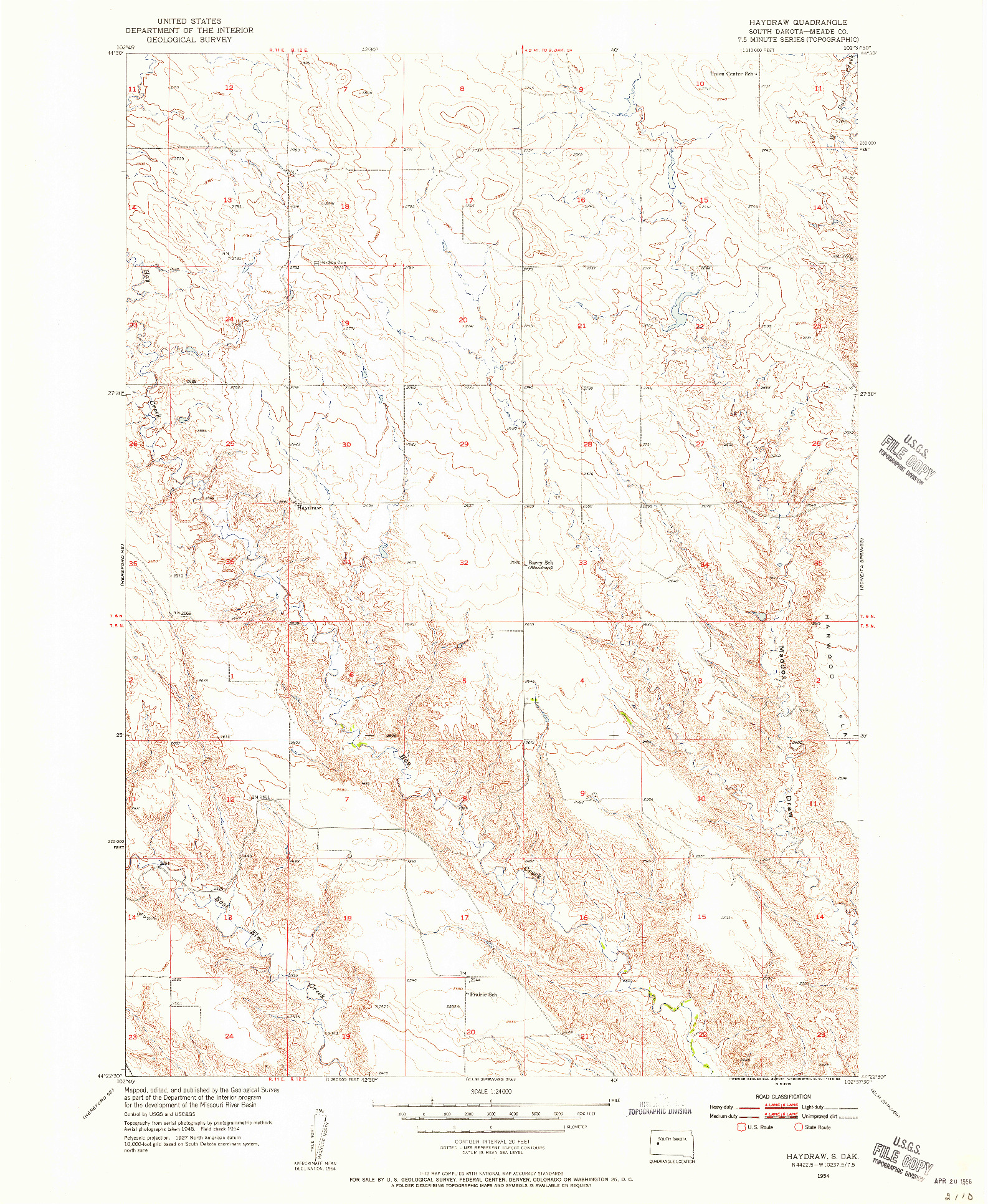 USGS 1:24000-SCALE QUADRANGLE FOR HAYDRAW, SD 1954
