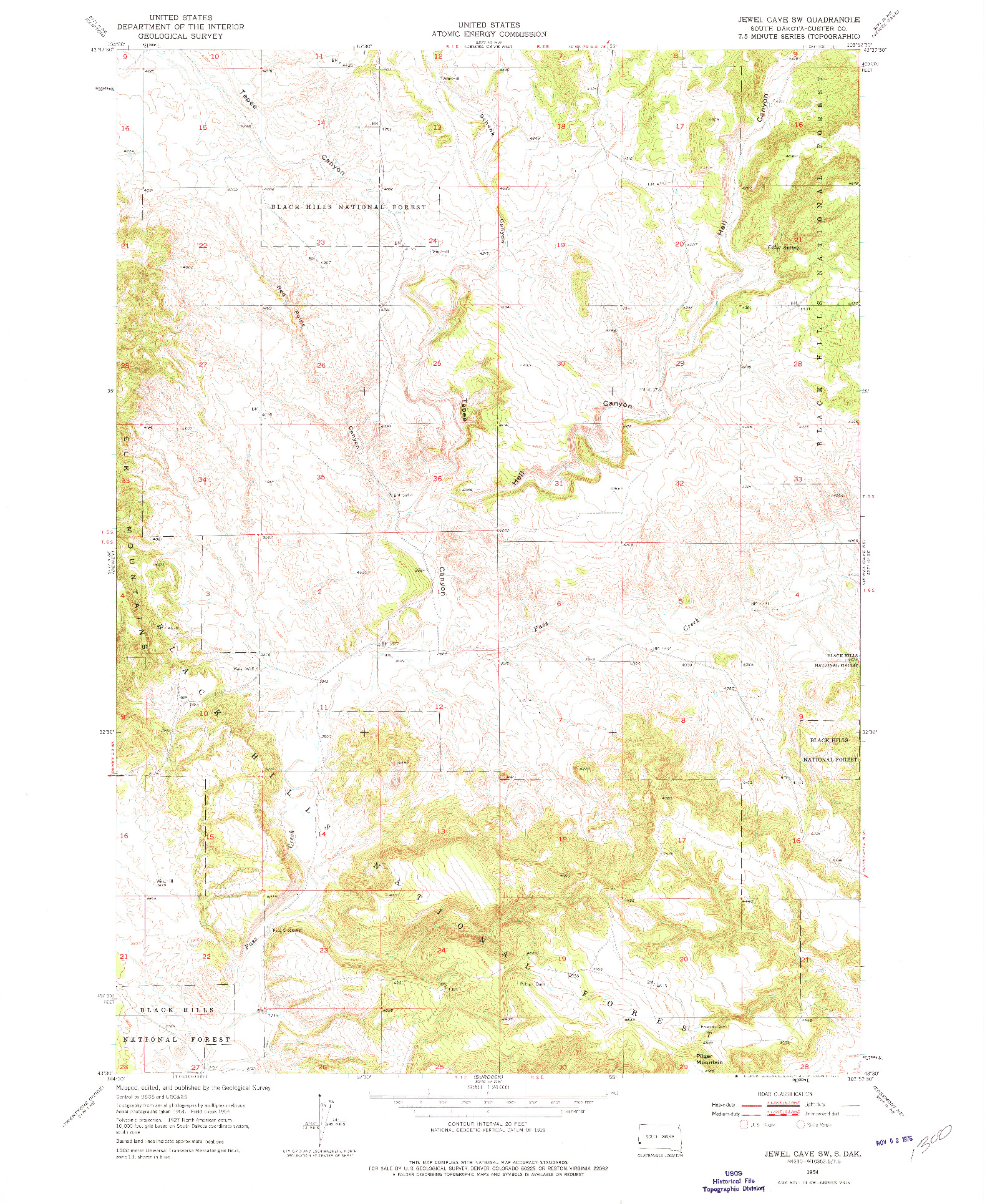 USGS 1:24000-SCALE QUADRANGLE FOR JEWEL CAVE SW, SD 1954