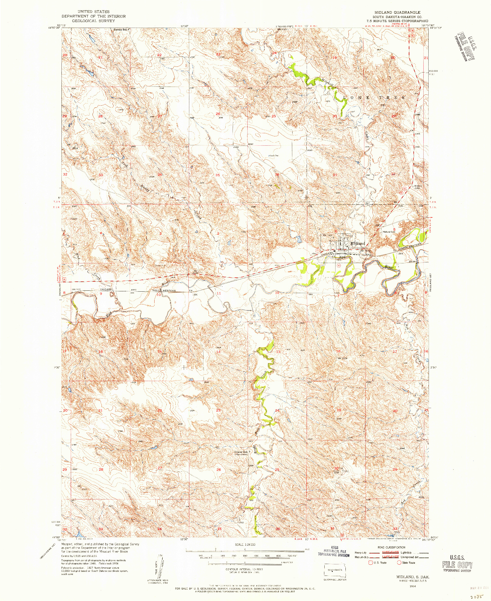 USGS 1:24000-SCALE QUADRANGLE FOR MIDLAND, SD 1954