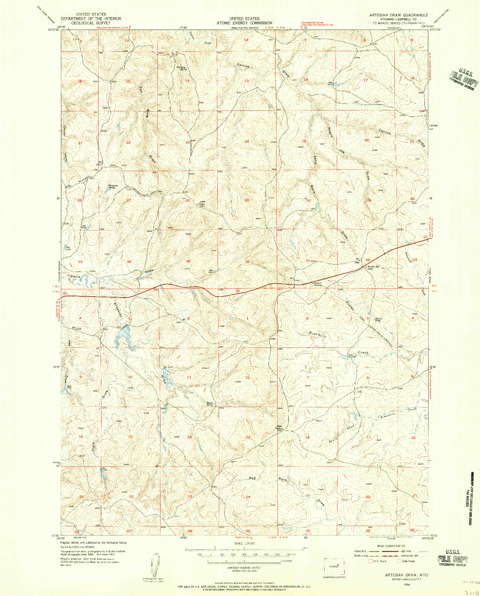 USGS 1:24000-SCALE QUADRANGLE FOR ARTESIAN DRAW, WY 1954