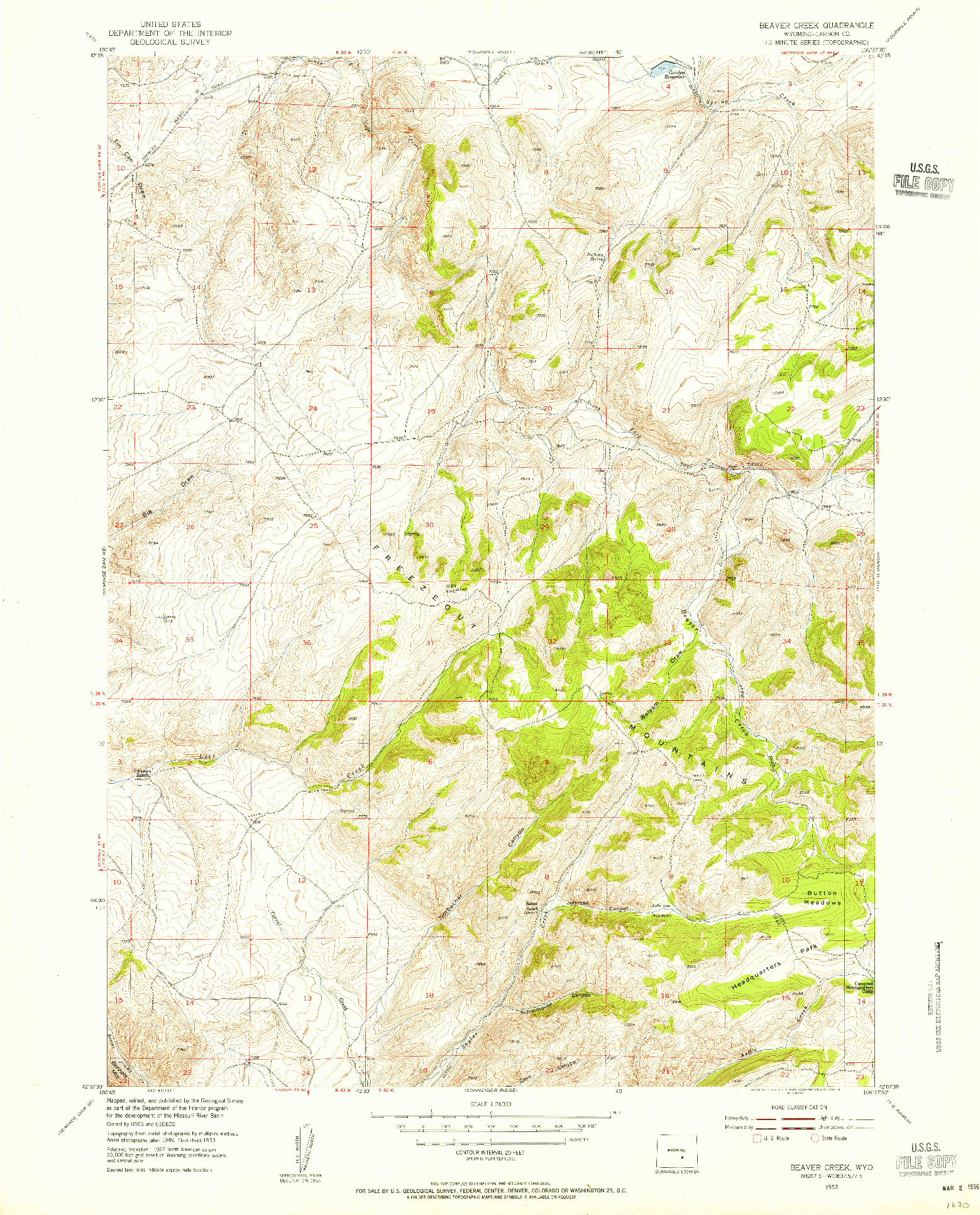 USGS 1:24000-SCALE QUADRANGLE FOR BEAVER CREEK, WY 1953