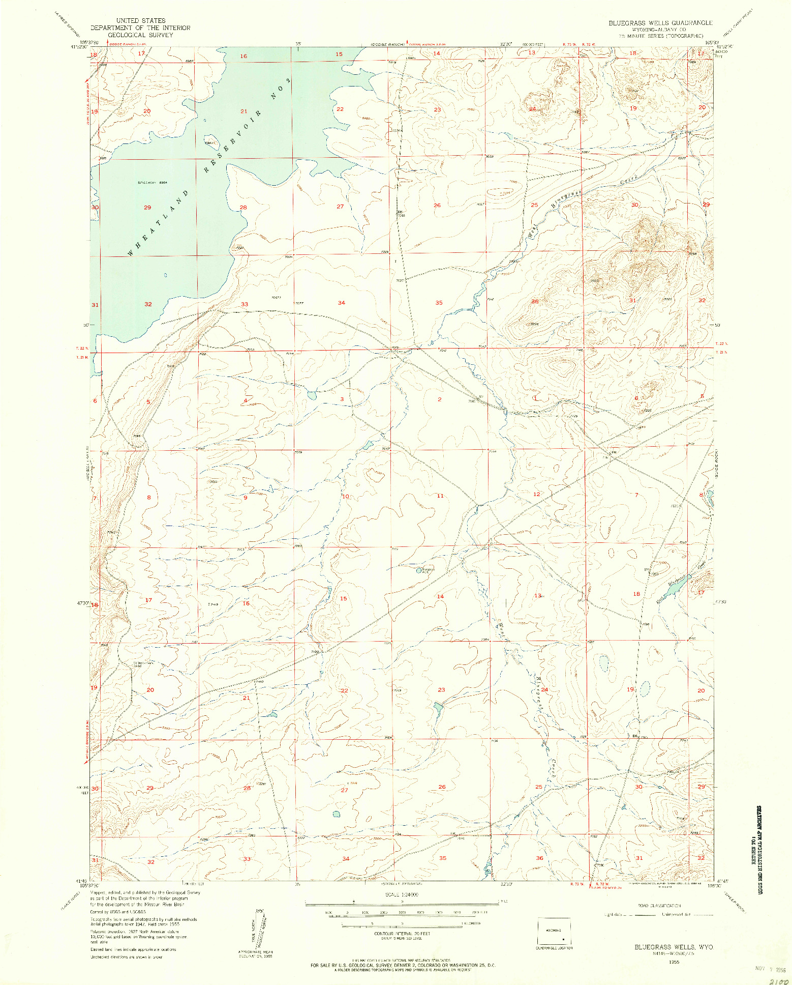 USGS 1:24000-SCALE QUADRANGLE FOR BLUEGRASS WELLS, WY 1955