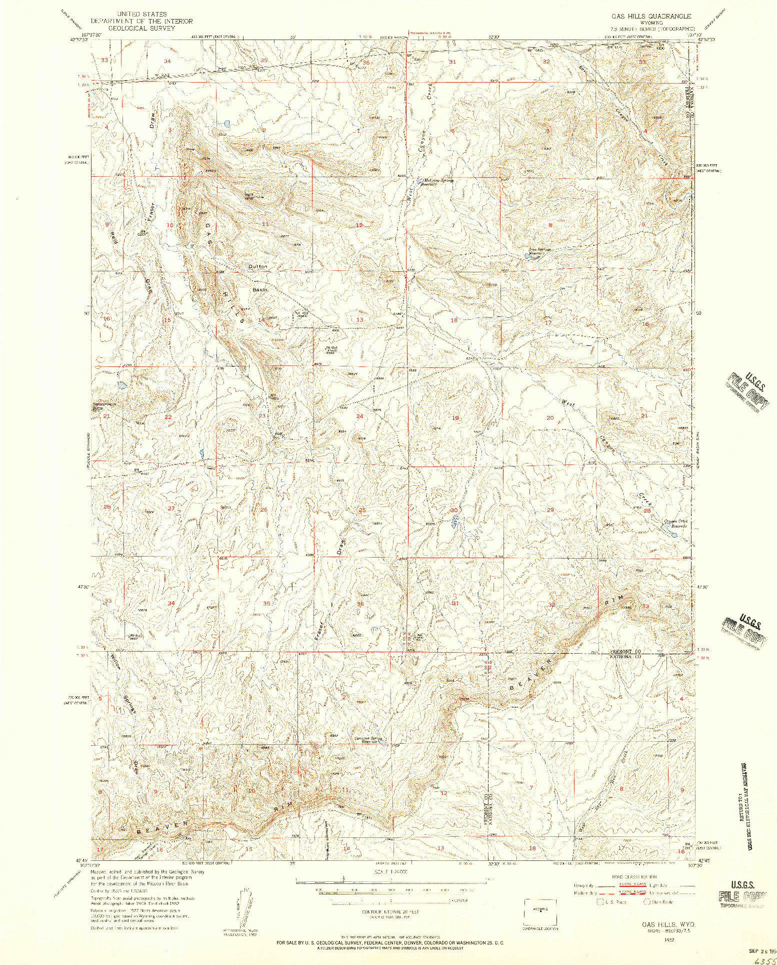 USGS 1:24000-SCALE QUADRANGLE FOR GAS HILLS, WY 1952
