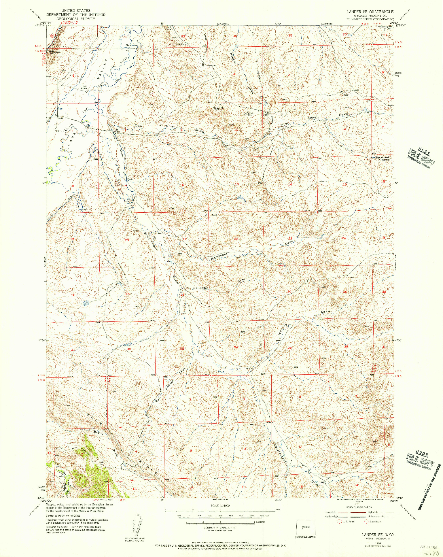 USGS 1:24000-SCALE QUADRANGLE FOR LANDER SE, WY 1952