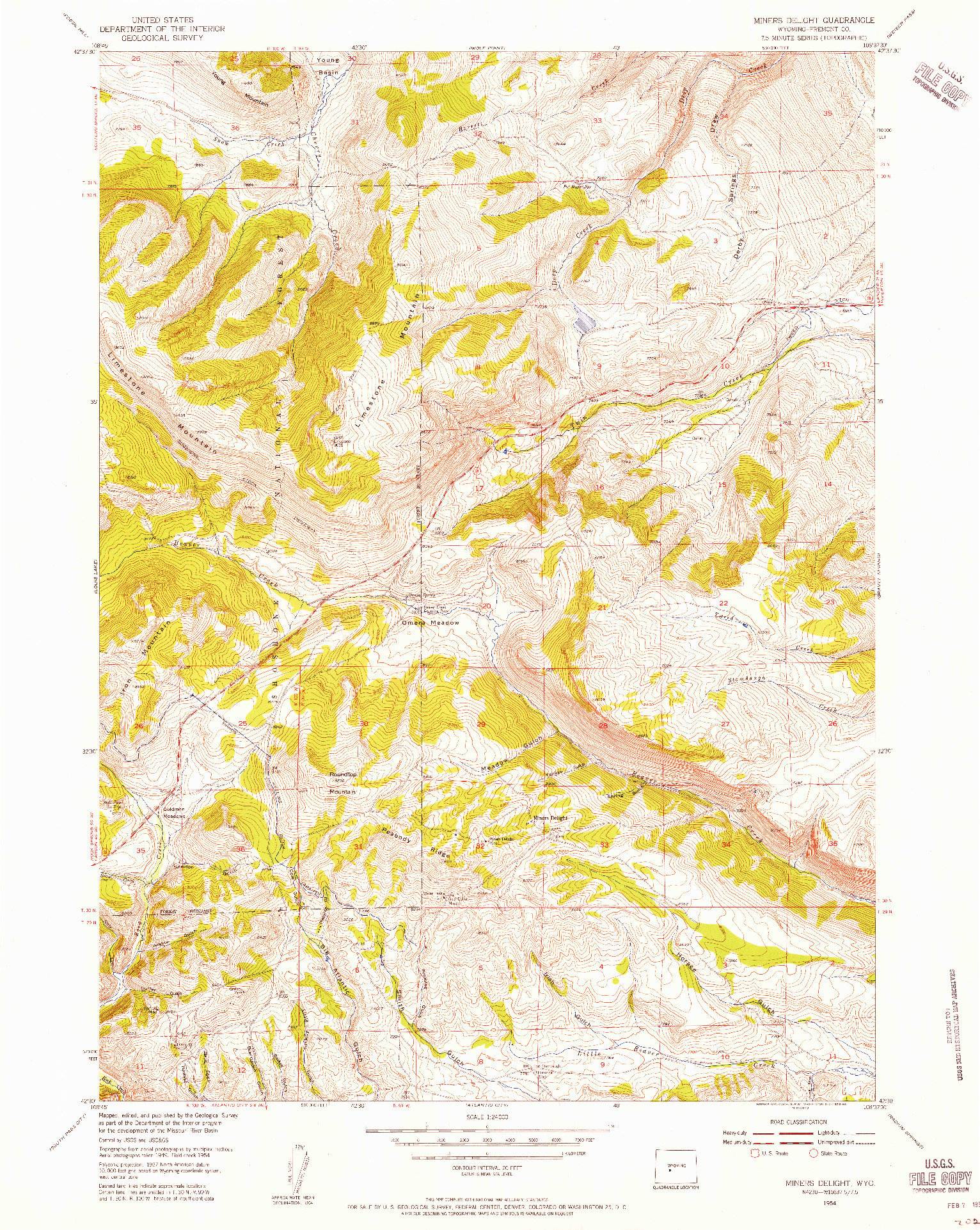 USGS 1:24000-SCALE QUADRANGLE FOR MINERS DELIGHT, WY 1954