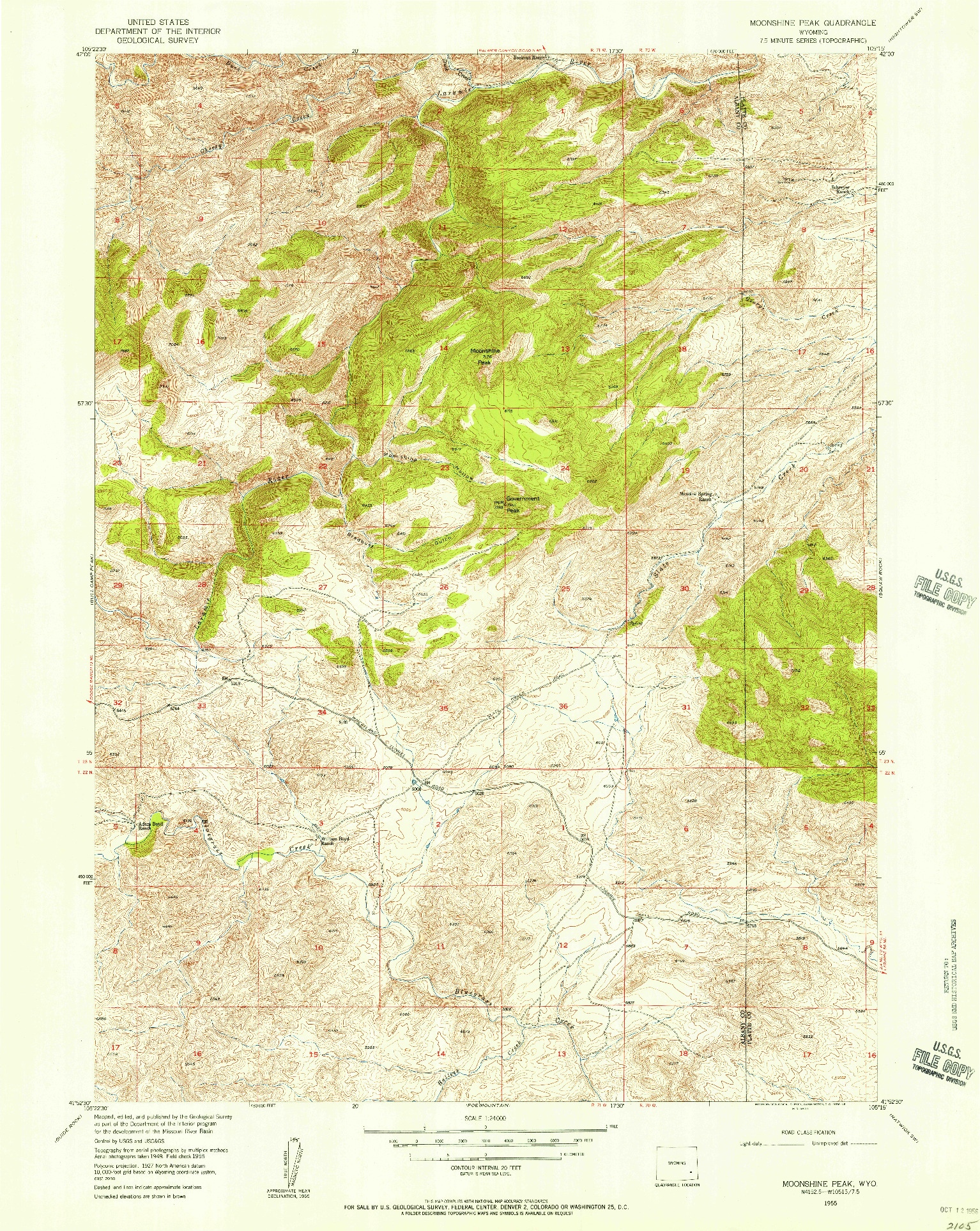 USGS 1:24000-SCALE QUADRANGLE FOR MOONSHINE PEAK, WY 1955