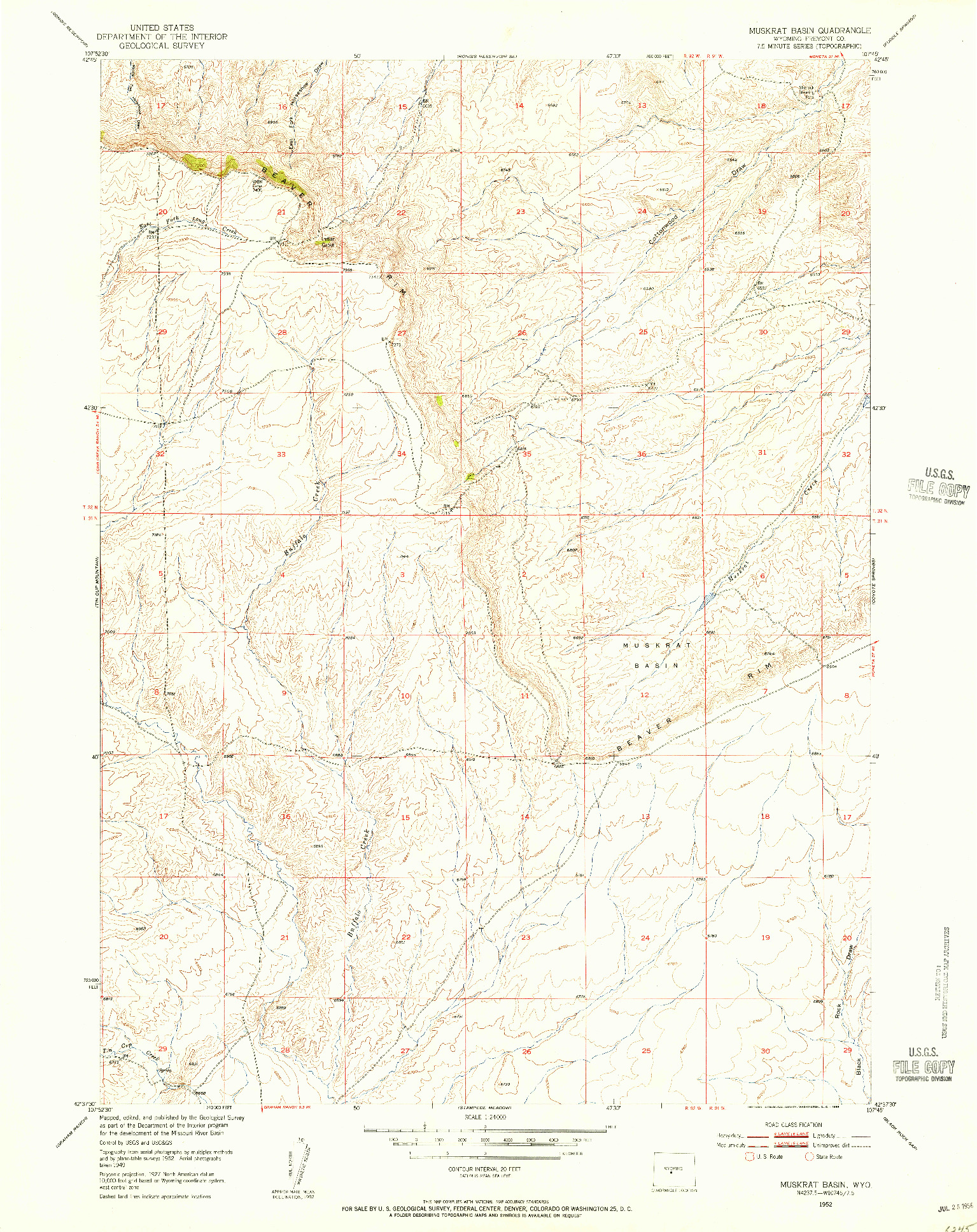 USGS 1:24000-SCALE QUADRANGLE FOR MUSKRAT BASIN, WY 1952