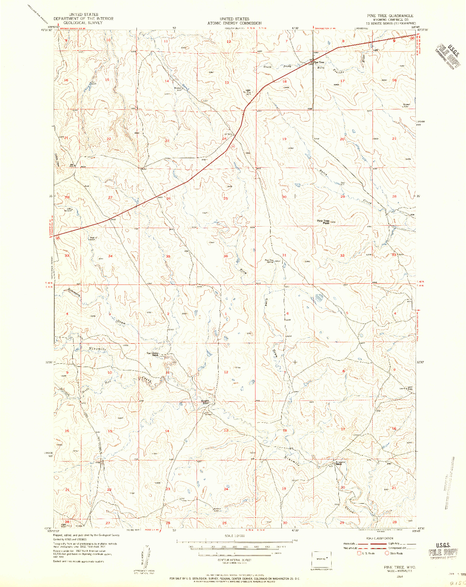 USGS 1:24000-SCALE QUADRANGLE FOR PINE TREE, WY 1954