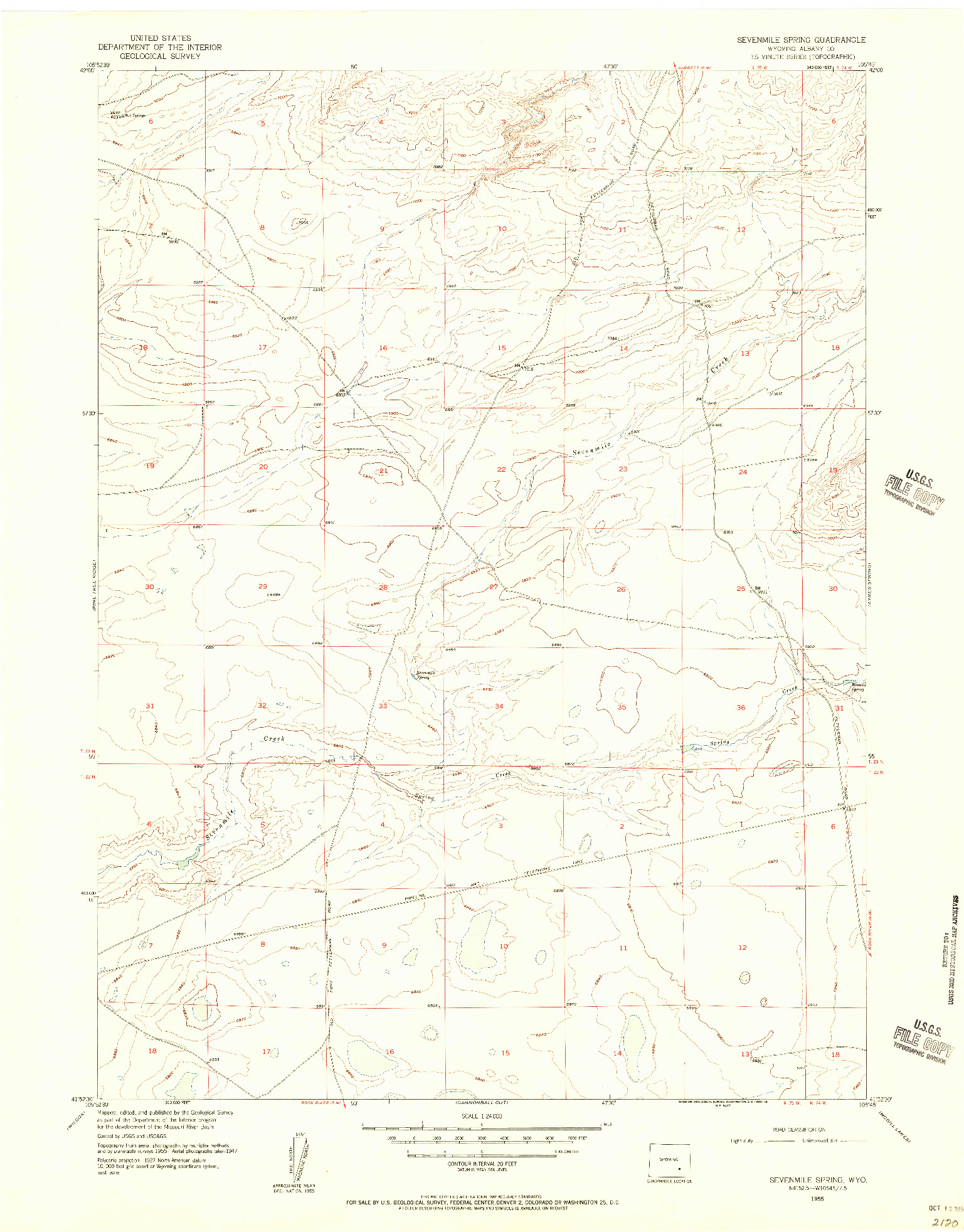 USGS 1:24000-SCALE QUADRANGLE FOR SEVENMILE SPRING, WY 1955