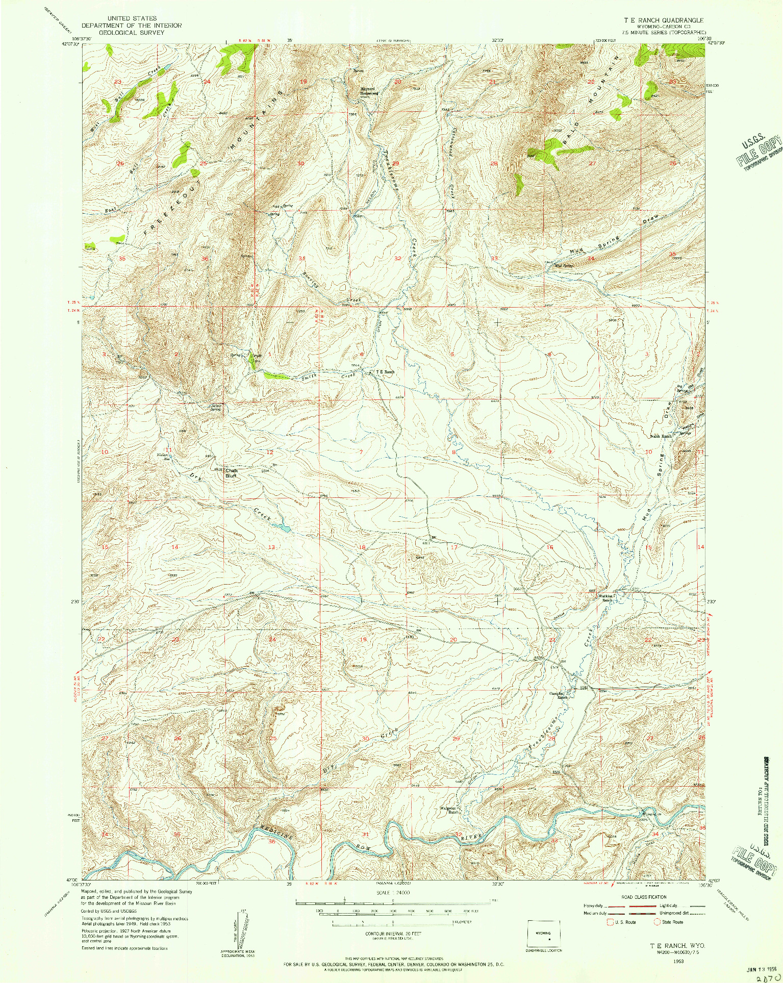 USGS 1:24000-SCALE QUADRANGLE FOR T E RANCH, WY 1953