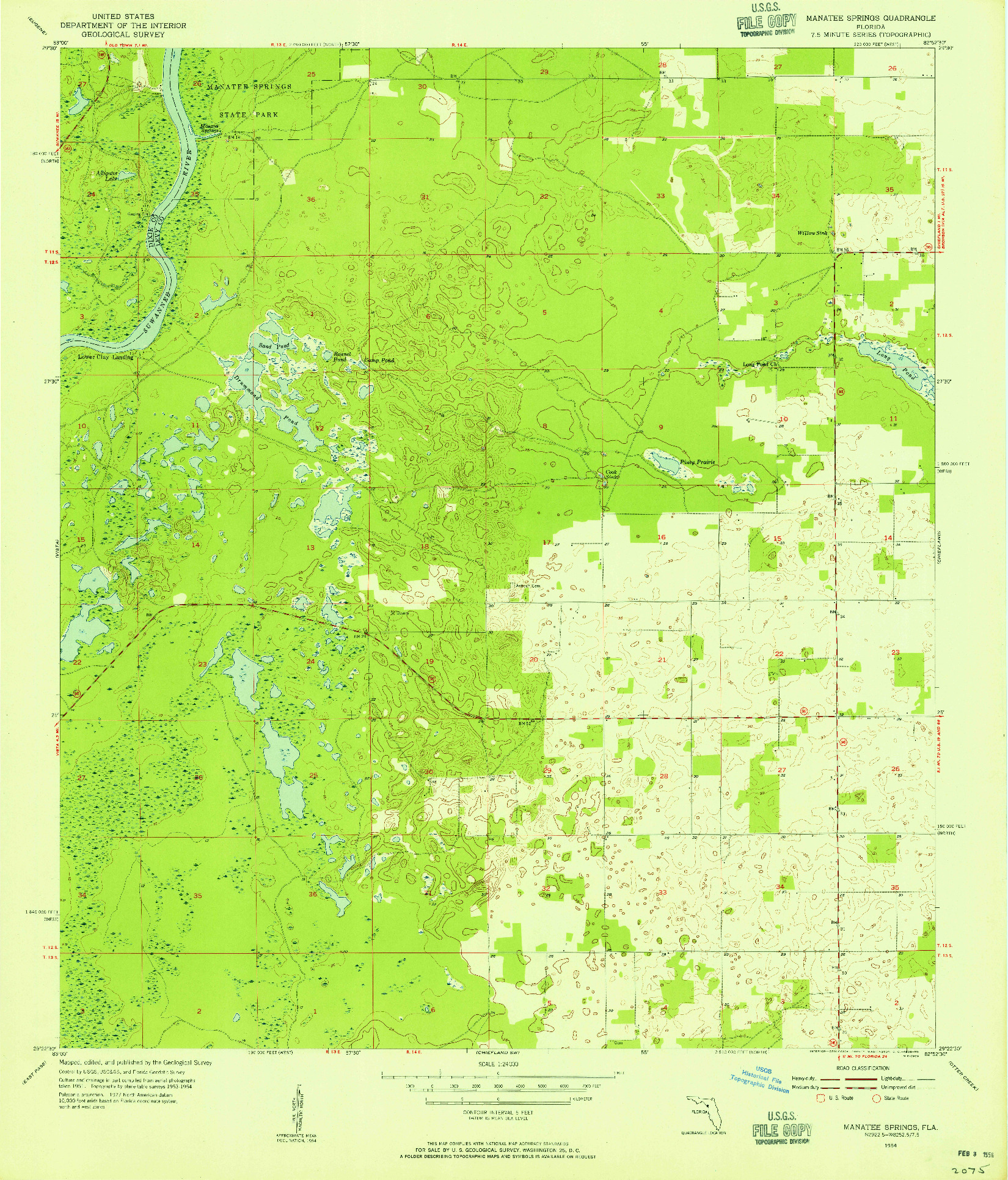 USGS 1:24000-SCALE QUADRANGLE FOR MANATEE SPRINGS, FL 1954