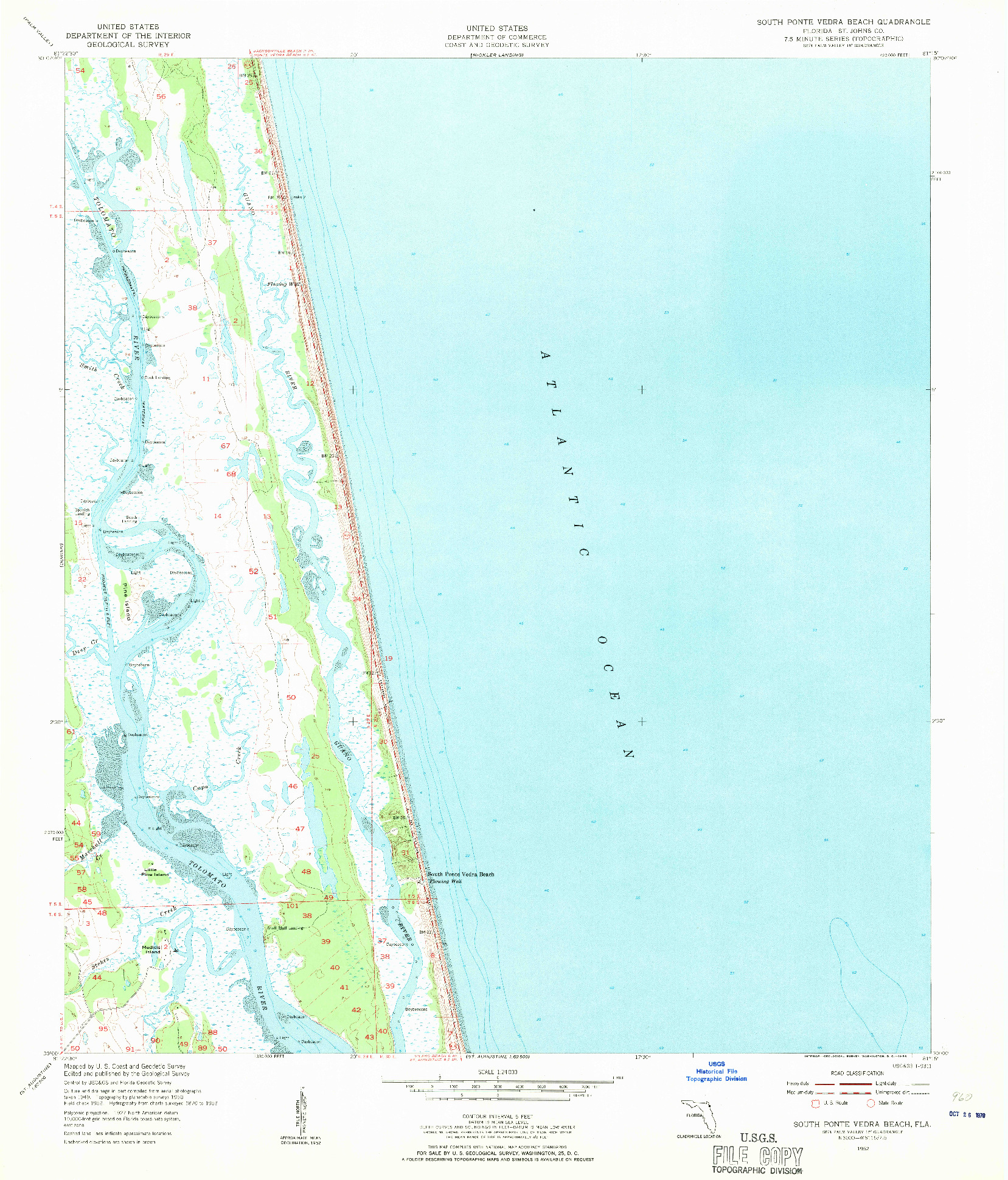 USGS 1:24000-SCALE QUADRANGLE FOR SOUTH PONTE VEDRA BEACH, FL 1952
