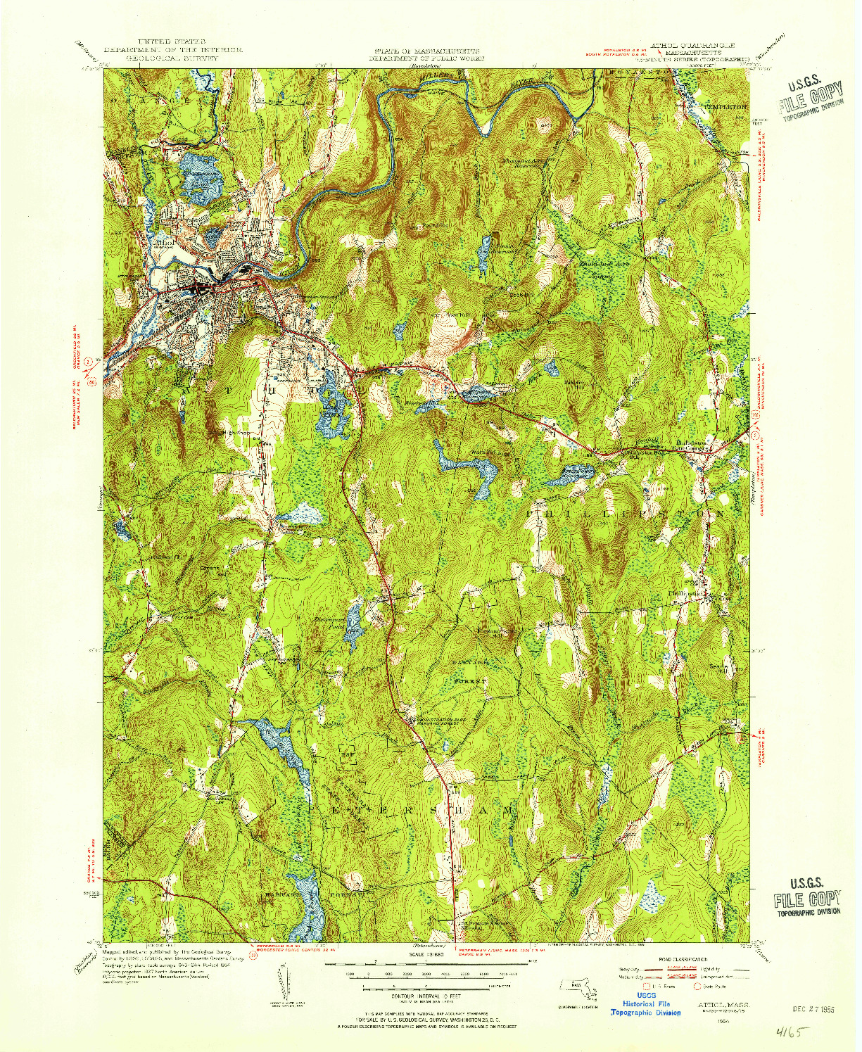 USGS 1:31680-SCALE QUADRANGLE FOR ATHOL, MA 1954
