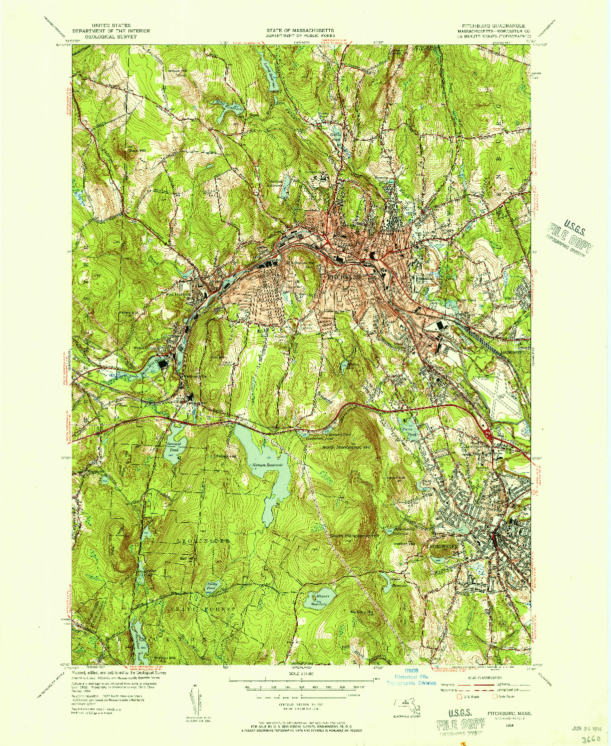USGS 1:31680-SCALE QUADRANGLE FOR FITCHBURG, MA 1954