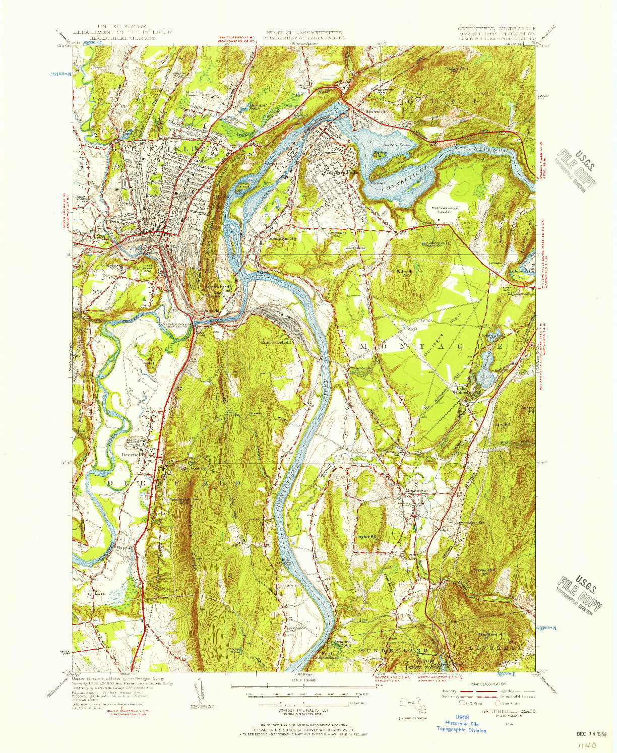 USGS 1:31680-SCALE QUADRANGLE FOR GREENFIELD, MA 1954