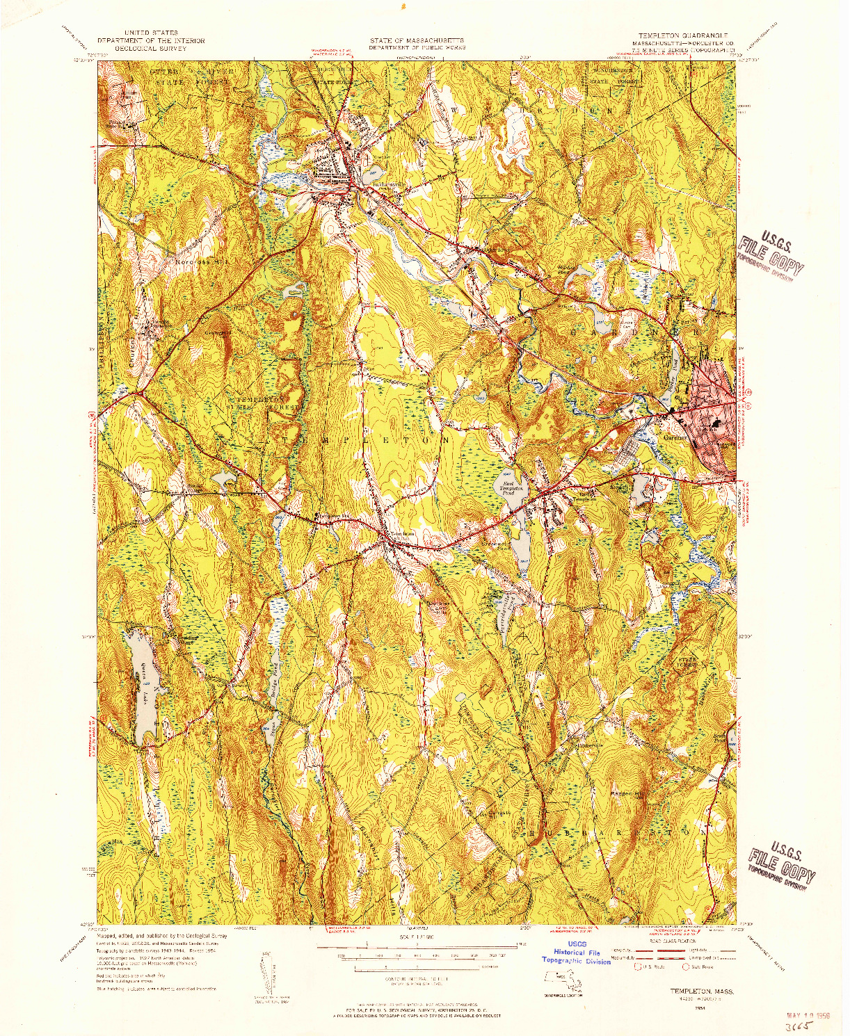 USGS 1:31680-SCALE QUADRANGLE FOR TEMPLETON, MA 1954