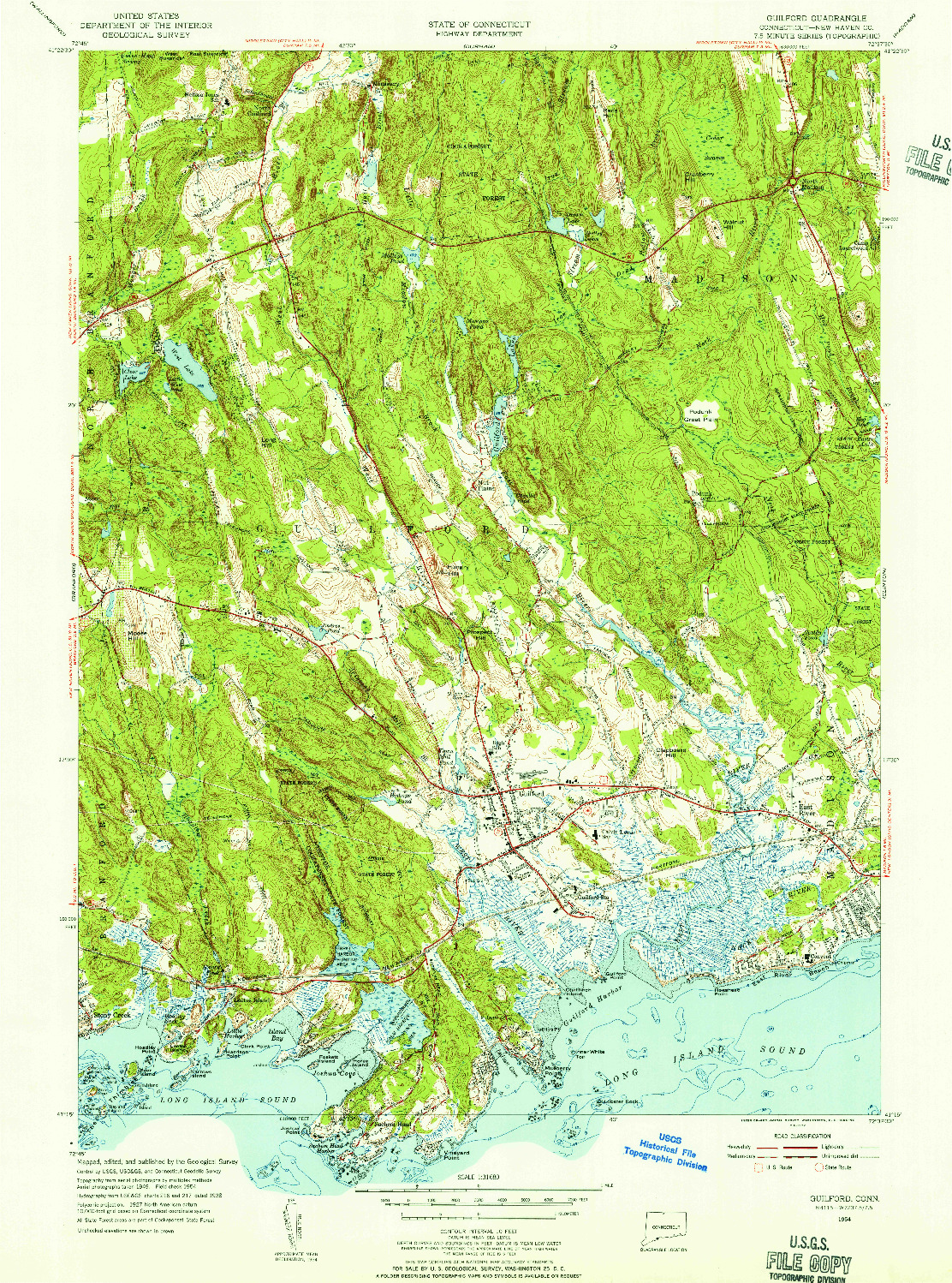 USGS 1:31680-SCALE QUADRANGLE FOR GUILFORD, CT 1954