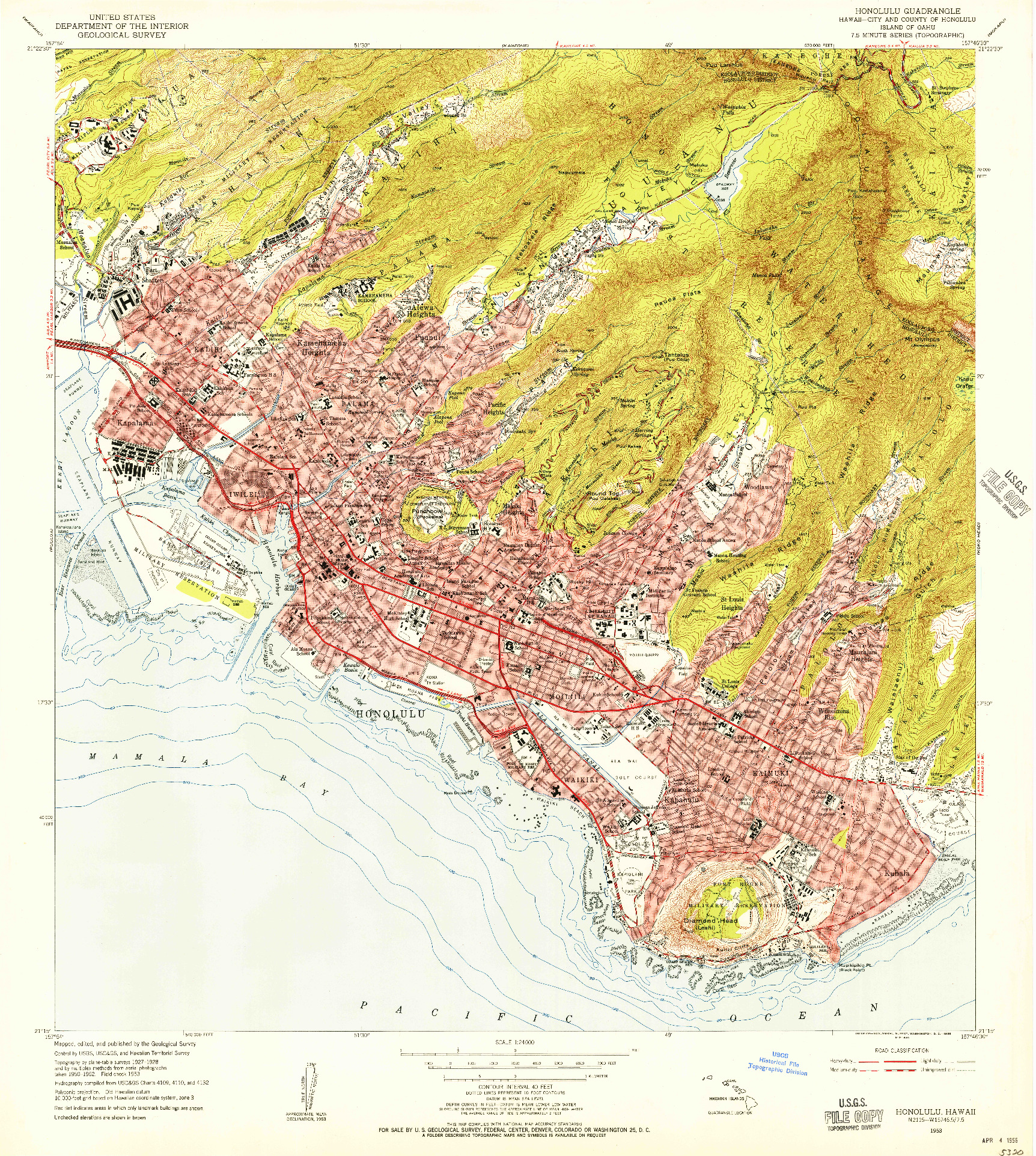 USGS 1:24000-SCALE QUADRANGLE FOR HONOLULU, HI 1953