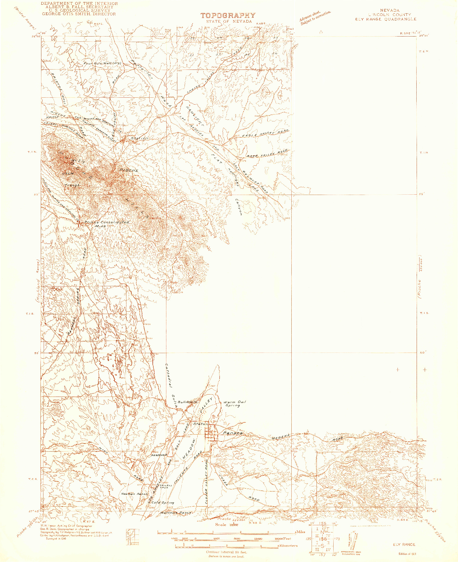 USGS 1:48000-SCALE QUADRANGLE FOR ELY RANGE, NV 1921
