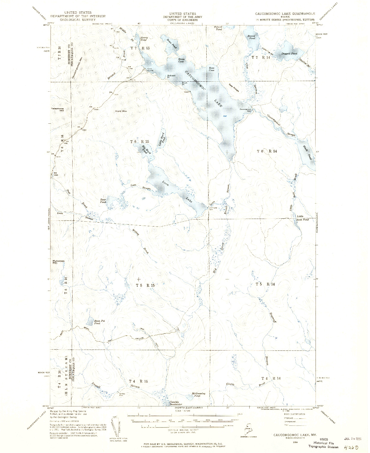 USGS 1:62500-SCALE QUADRANGLE FOR CAUCOMGOMOC LAKE, ME 1954