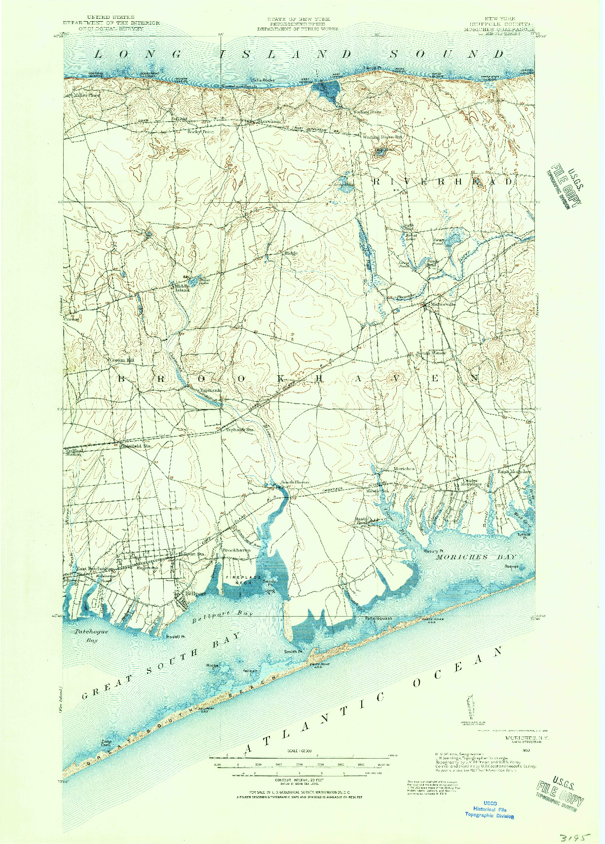 USGS 1:62500-SCALE QUADRANGLE FOR MORICHES, NY 1904