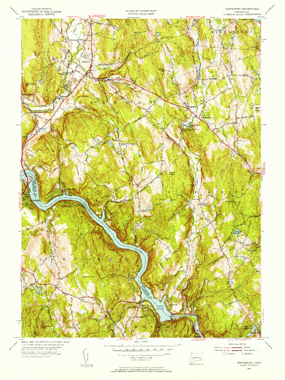 USGS 1:31680-SCALE QUADRANGLE FOR SOUTHBURY, CT 1953