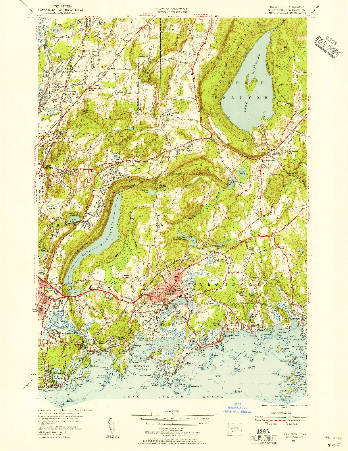 USGS 1:31680-SCALE QUADRANGLE FOR BRANFORD, CT 1954