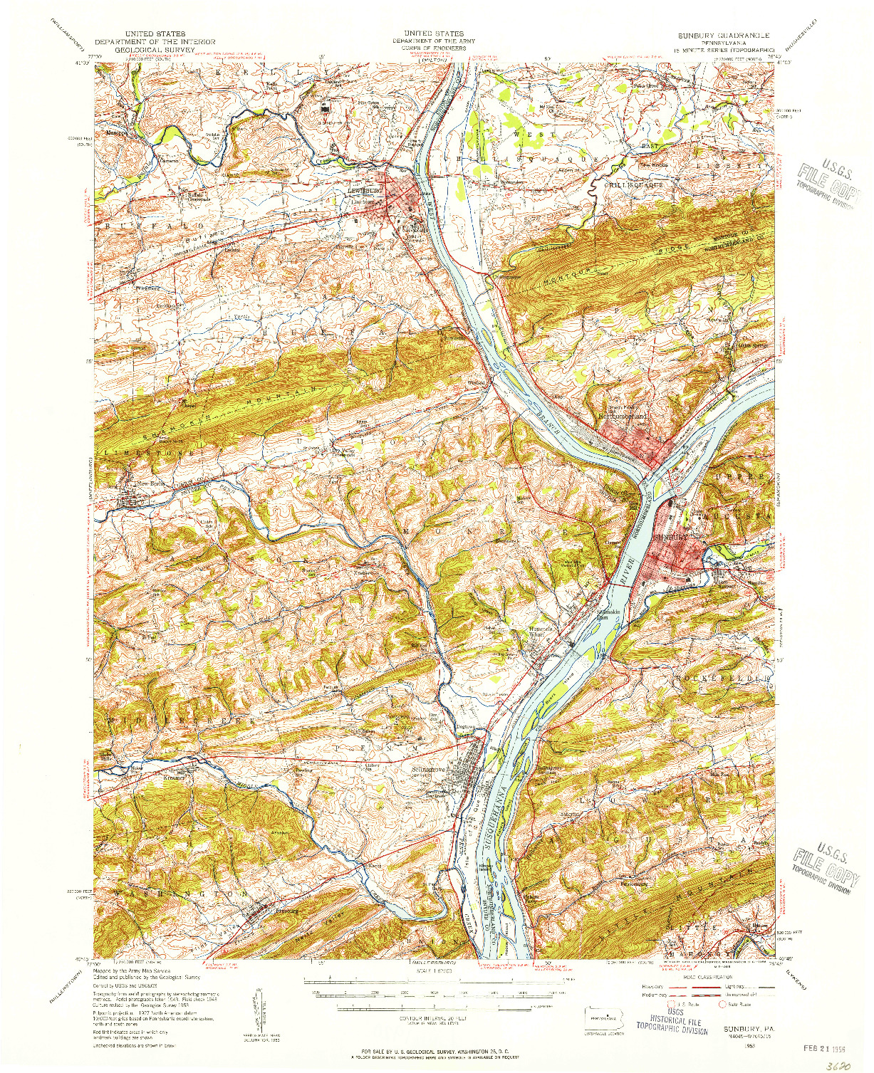 USGS 1:62500-SCALE QUADRANGLE FOR SUNBURY, PA 1953