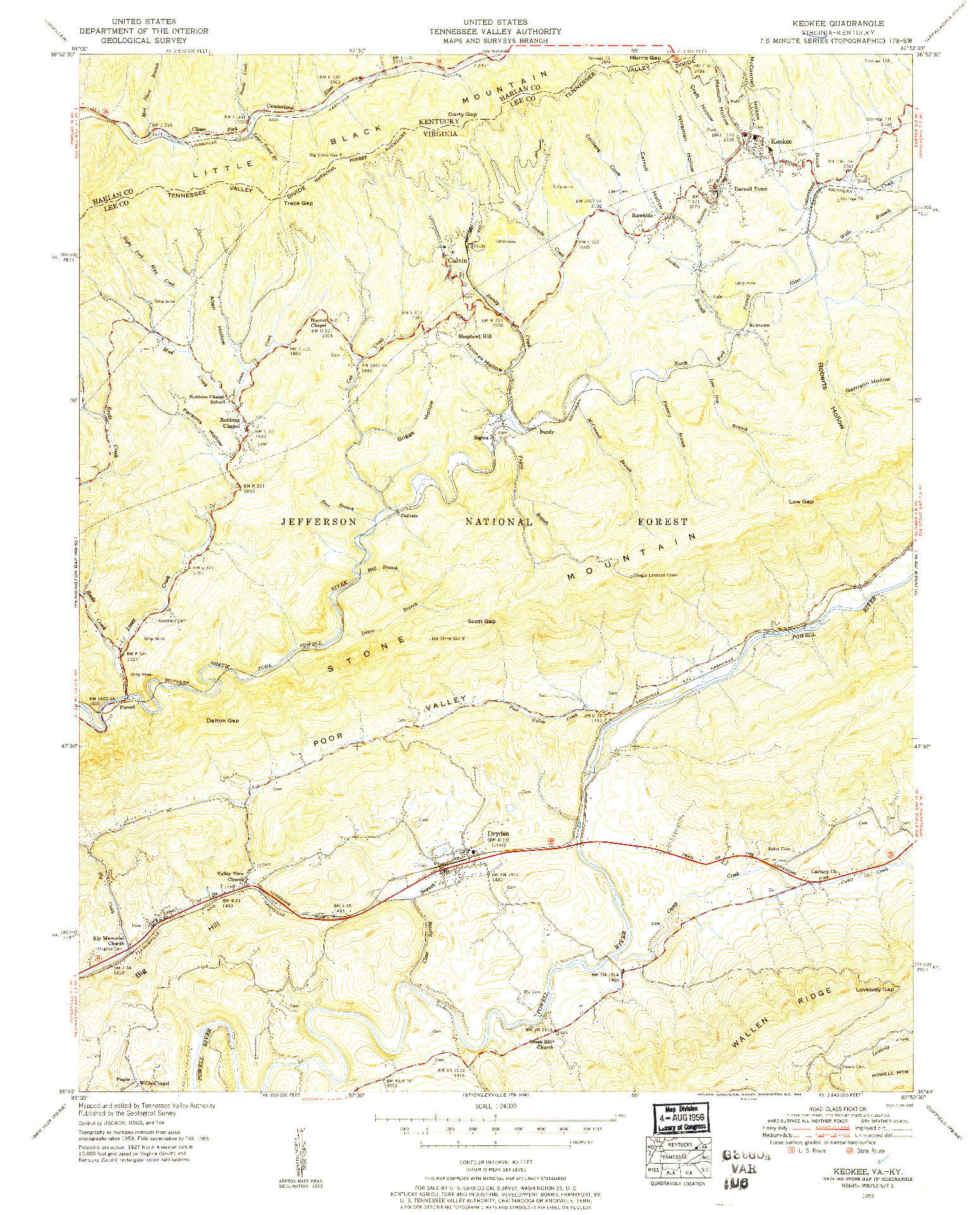USGS 1:24000-SCALE QUADRANGLE FOR KEOKEE, VA 1955