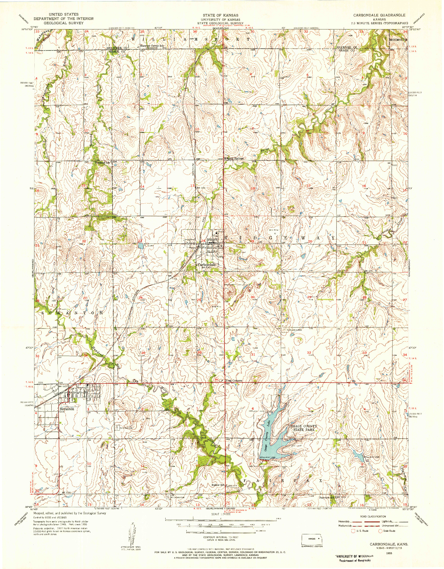 USGS 1:24000-SCALE QUADRANGLE FOR CARBONDALE, KS 1955