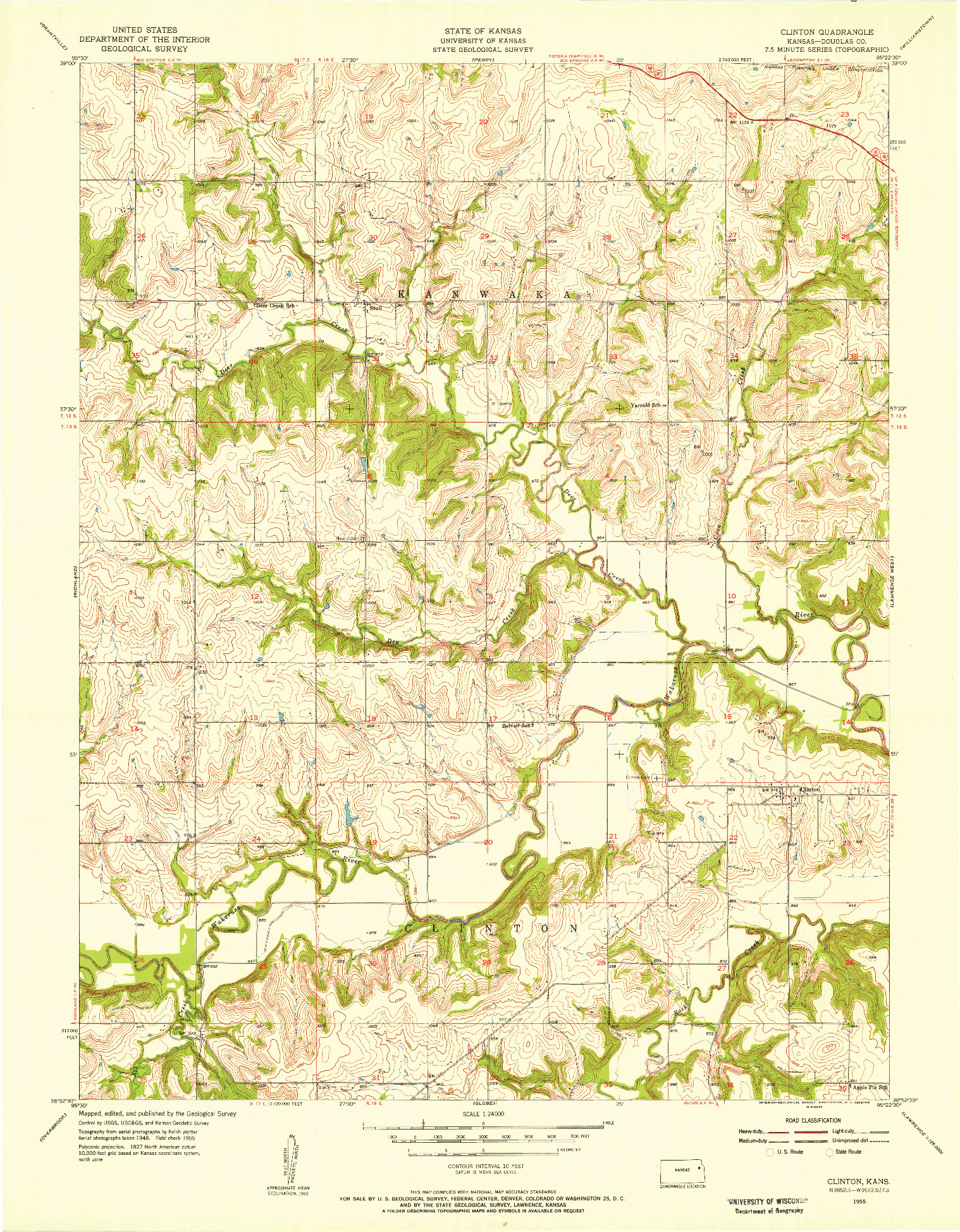 USGS 1:24000-SCALE QUADRANGLE FOR CLINTON, KS 1955