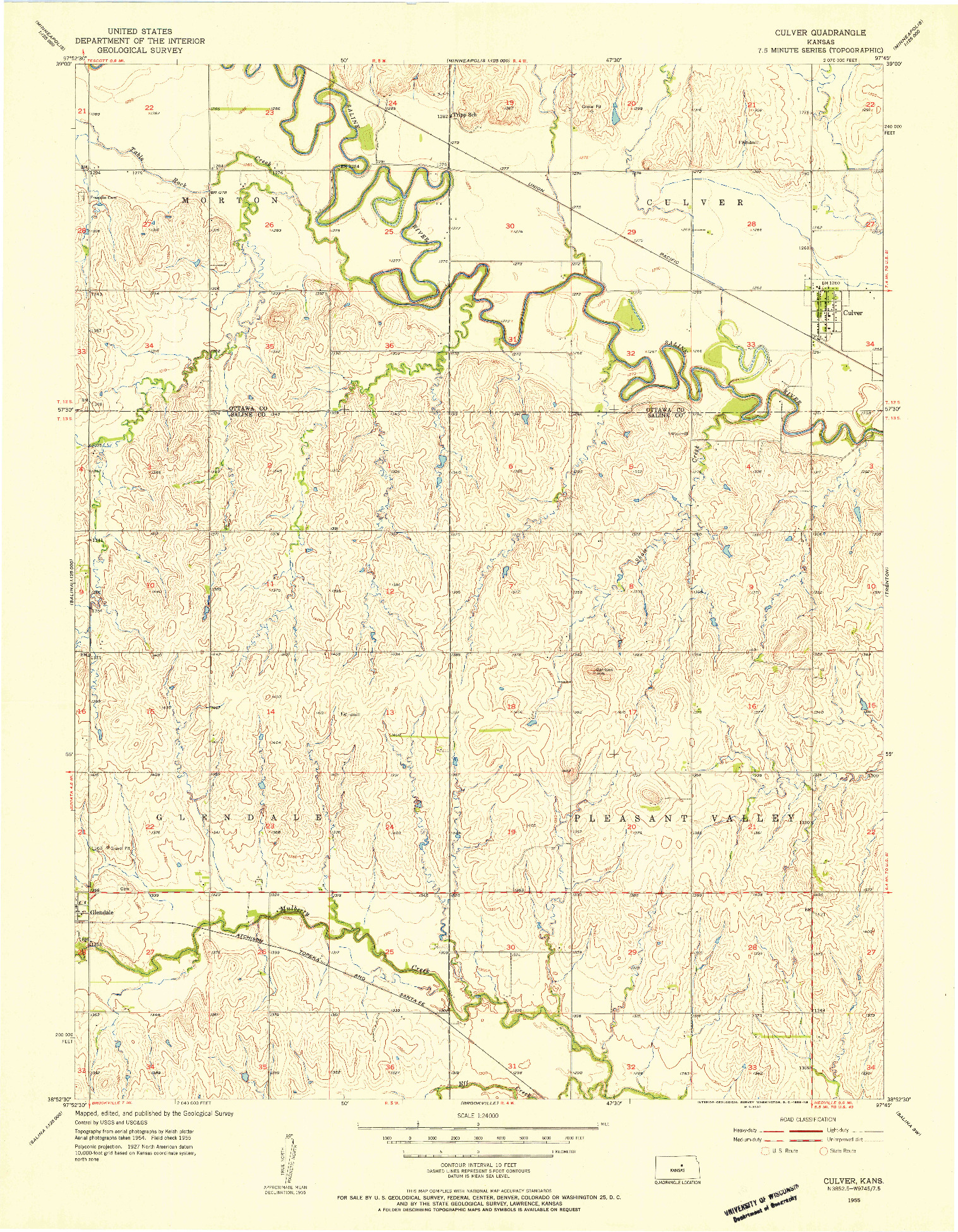 USGS 1:24000-SCALE QUADRANGLE FOR CULVER, KS 1955