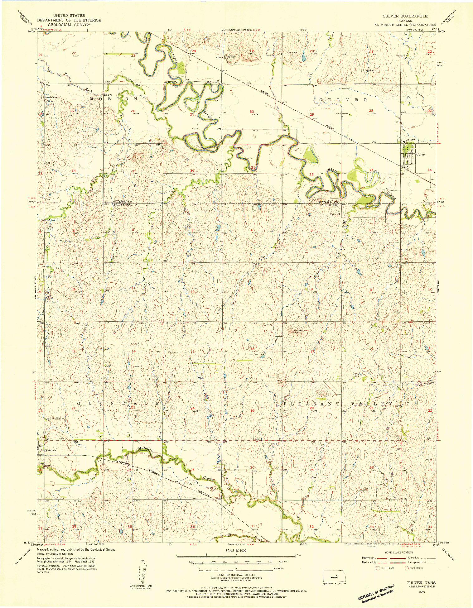 USGS 1:24000-SCALE QUADRANGLE FOR CULVER, KS 1955