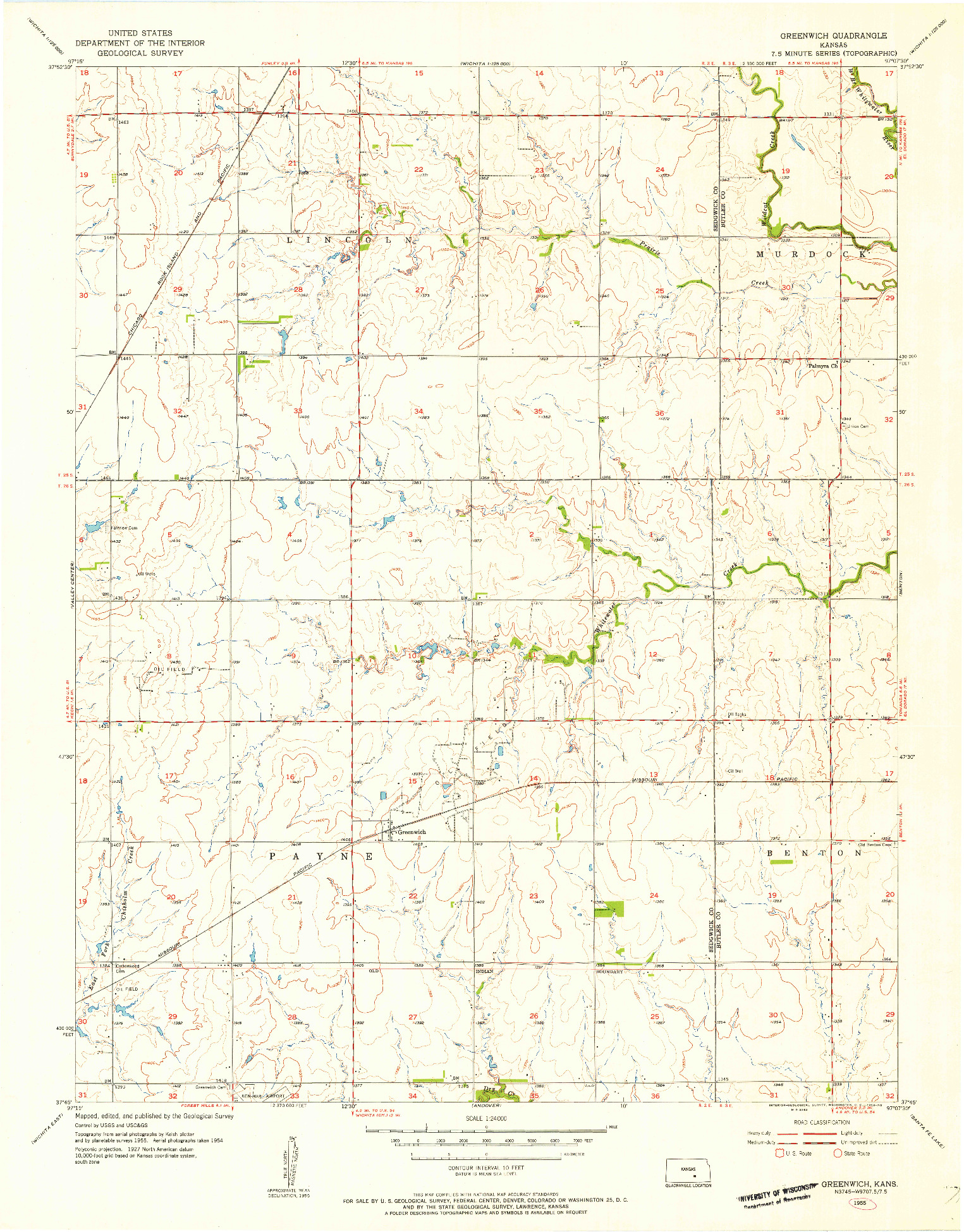 USGS 1:24000-SCALE QUADRANGLE FOR GREENWICH, KS 1955