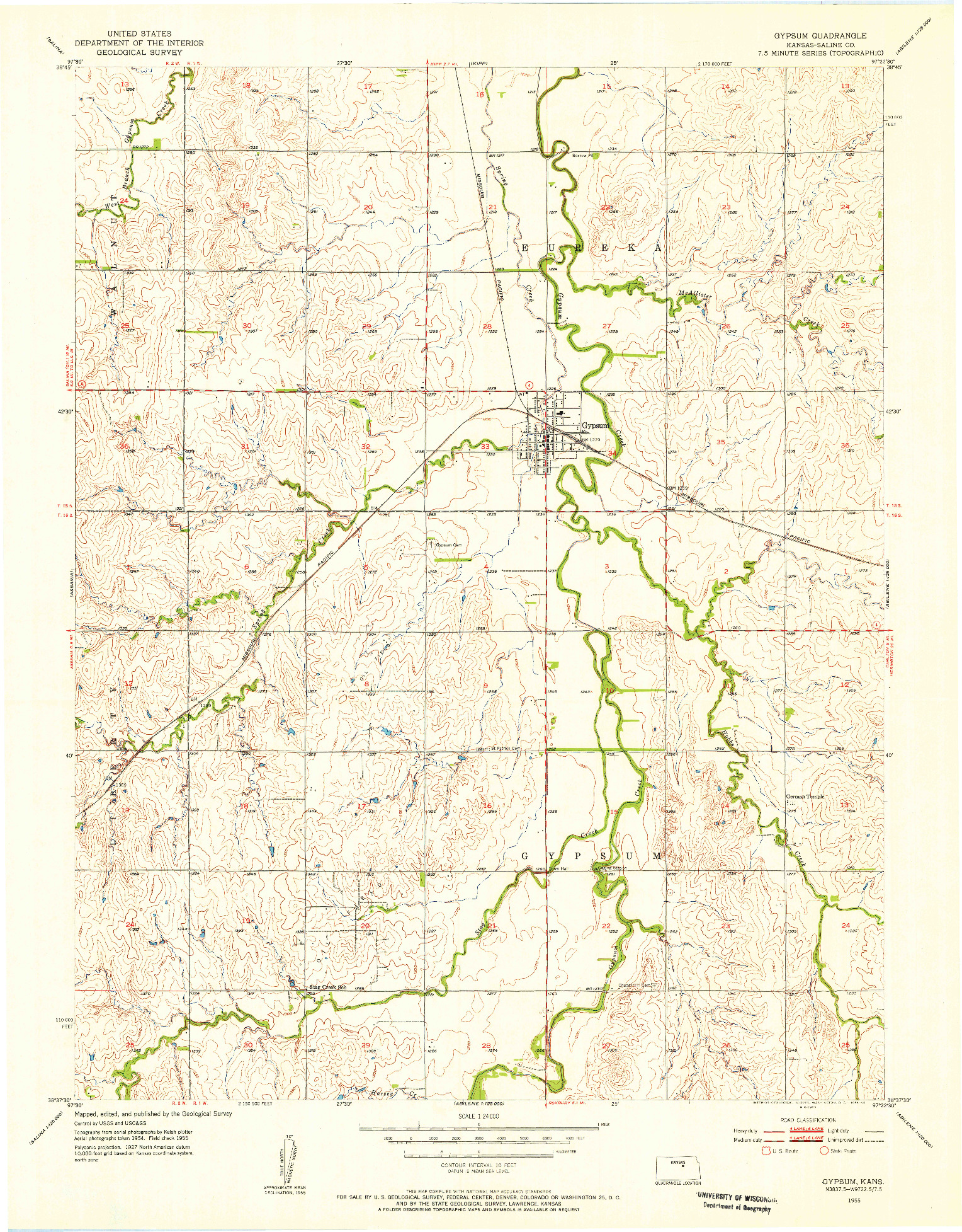 USGS 1:24000-SCALE QUADRANGLE FOR GYPSUM, KS 1955