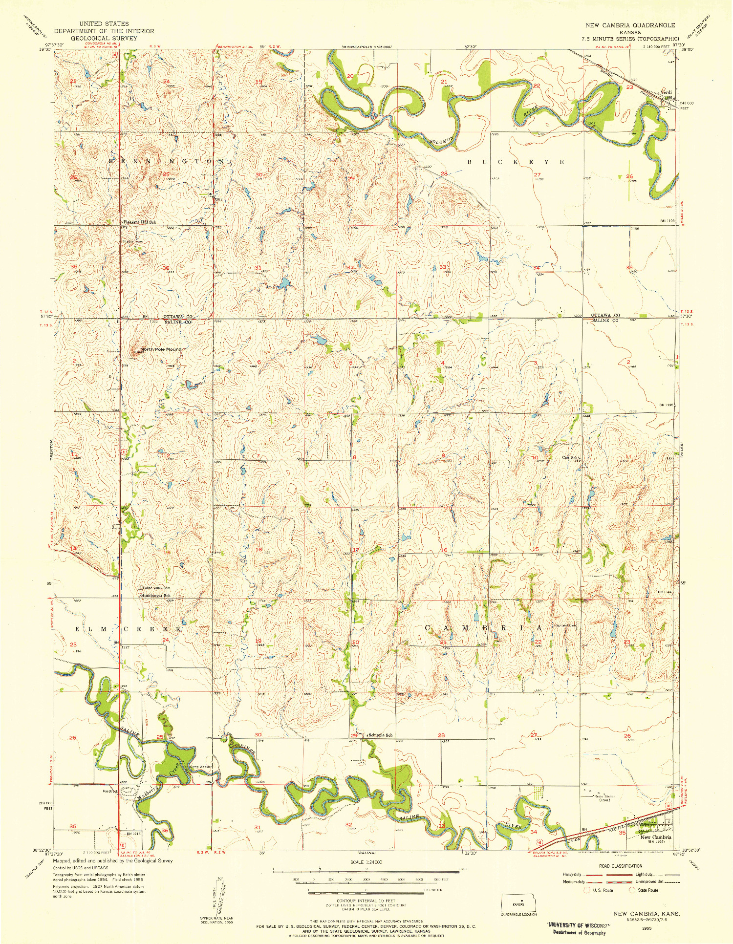 USGS 1:24000-SCALE QUADRANGLE FOR NEW CAMBRIA, KS 1955