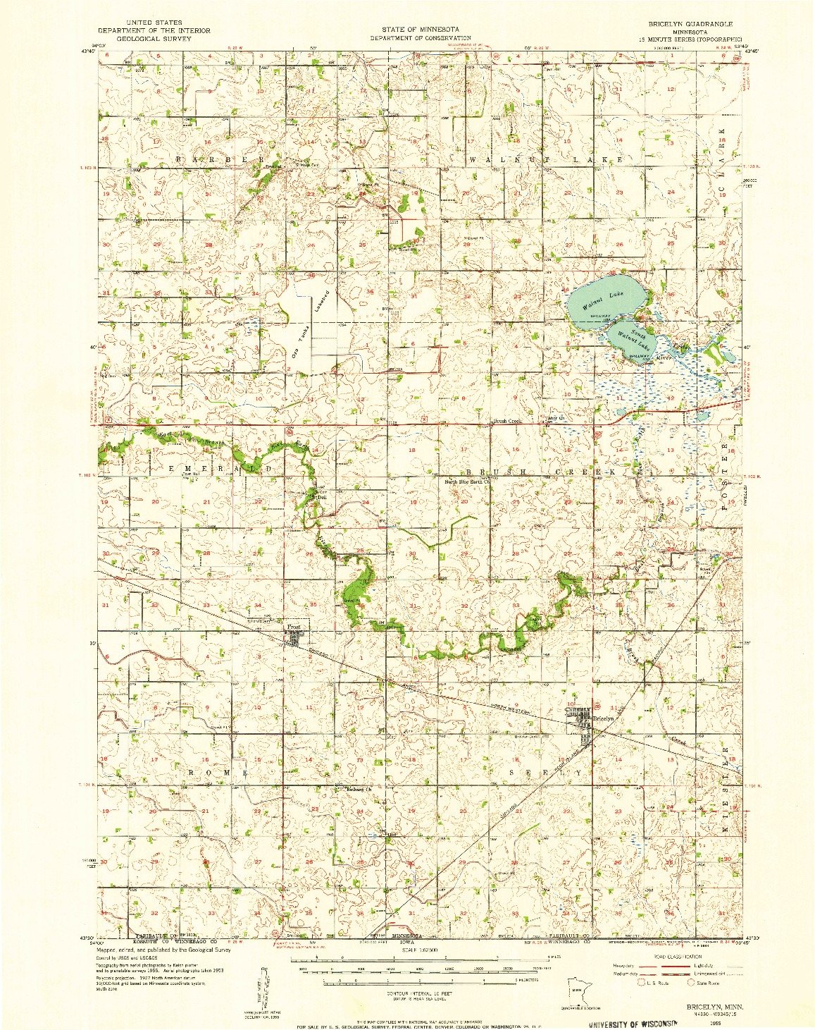 USGS 1:62500-SCALE QUADRANGLE FOR BRICELYN, MN 1955