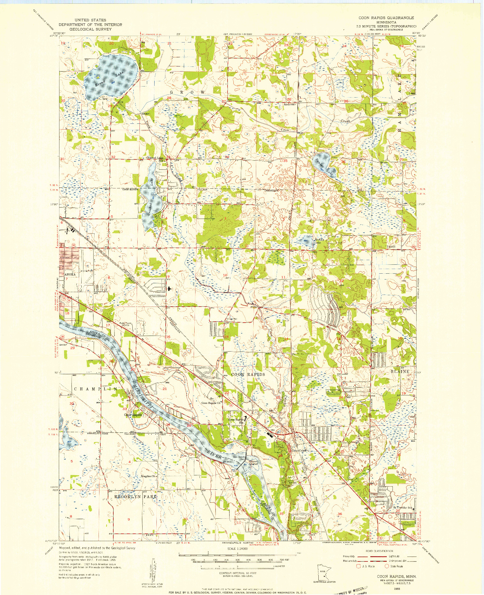 USGS 1:24000-SCALE QUADRANGLE FOR COON RAPIDS, MN 1955