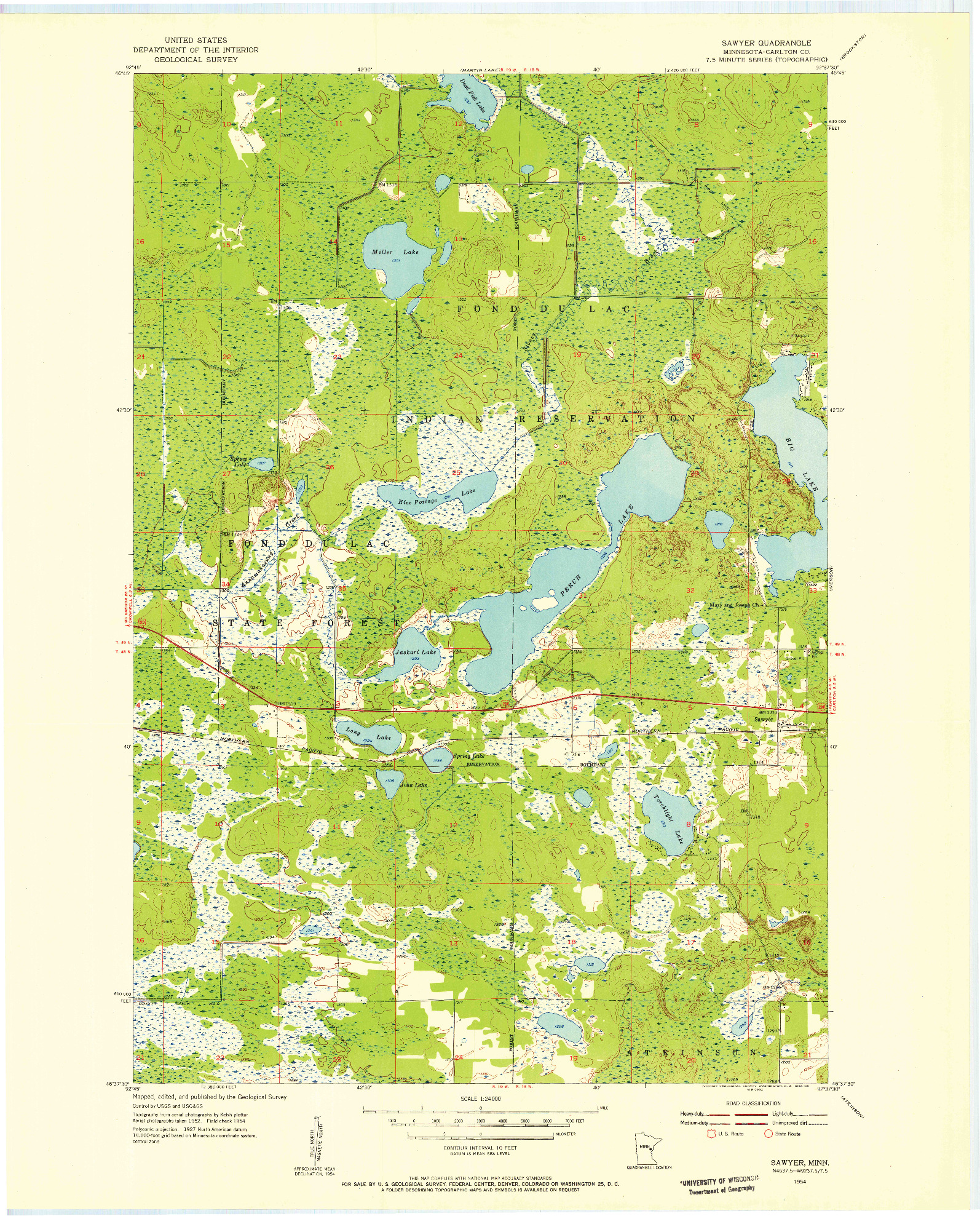 USGS 1:24000-SCALE QUADRANGLE FOR SAWYER, MN 1954