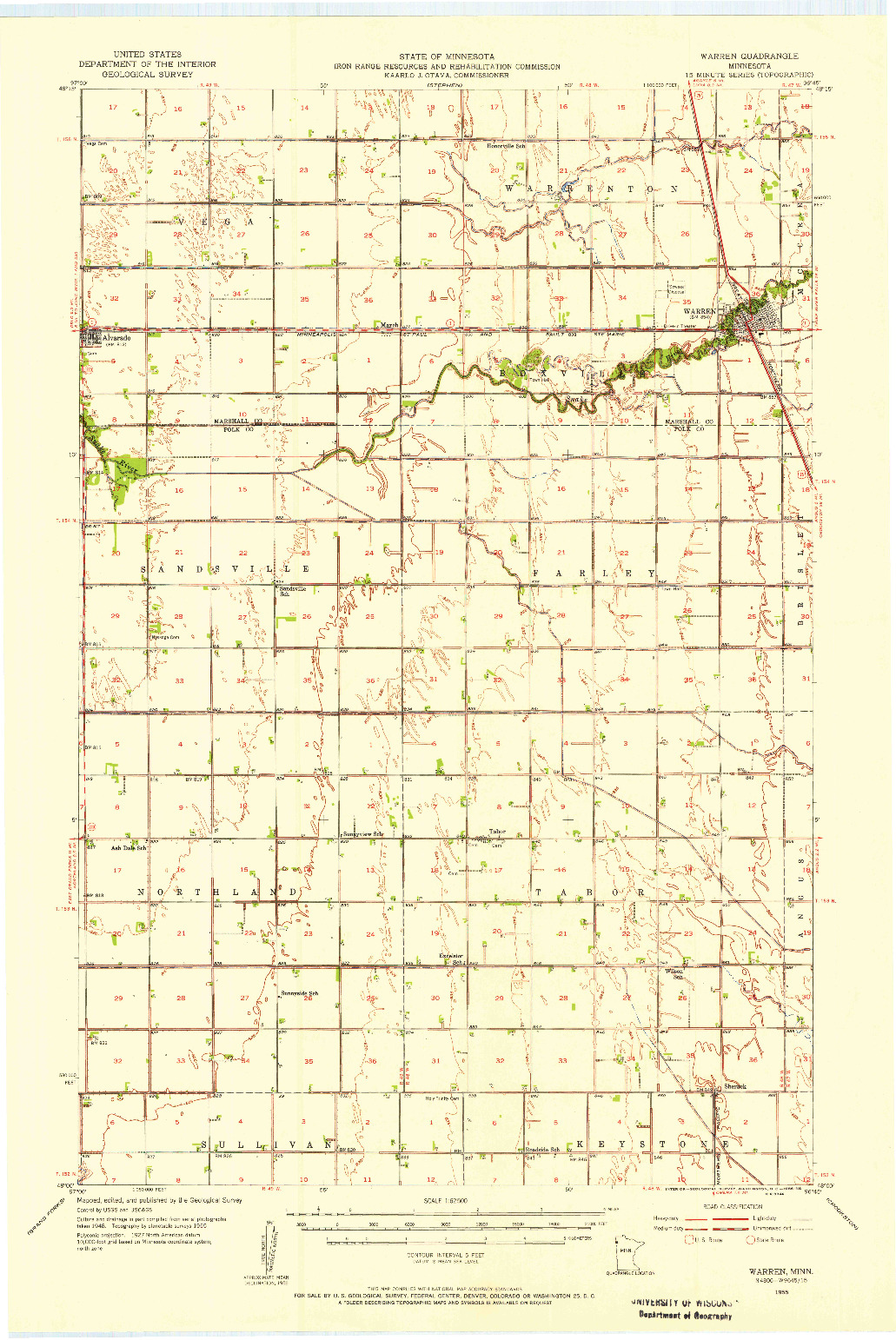 USGS 1:62500-SCALE QUADRANGLE FOR WARREN, MN 1955