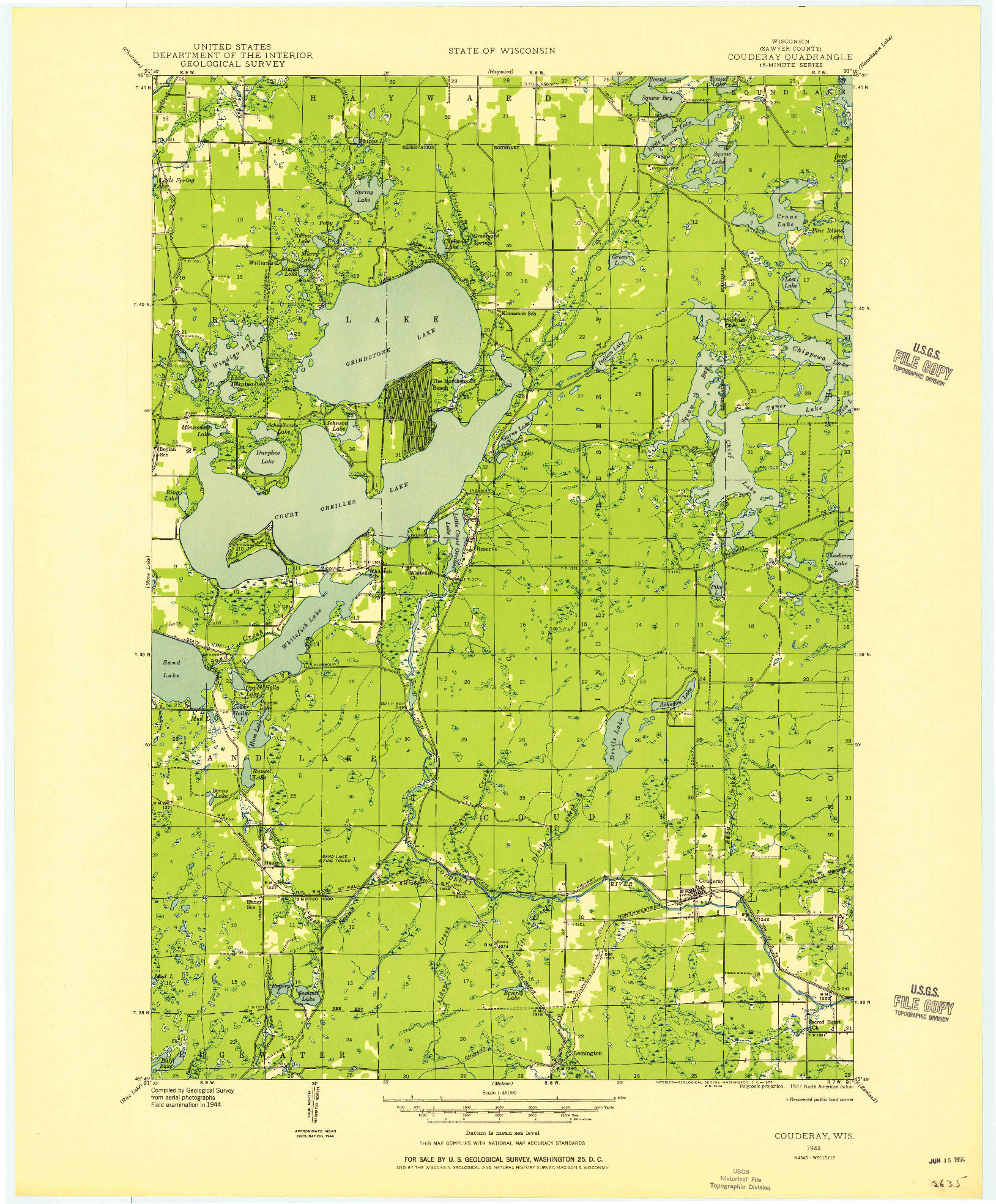 USGS 1:48000-SCALE QUADRANGLE FOR COUDERAY, WI 1944