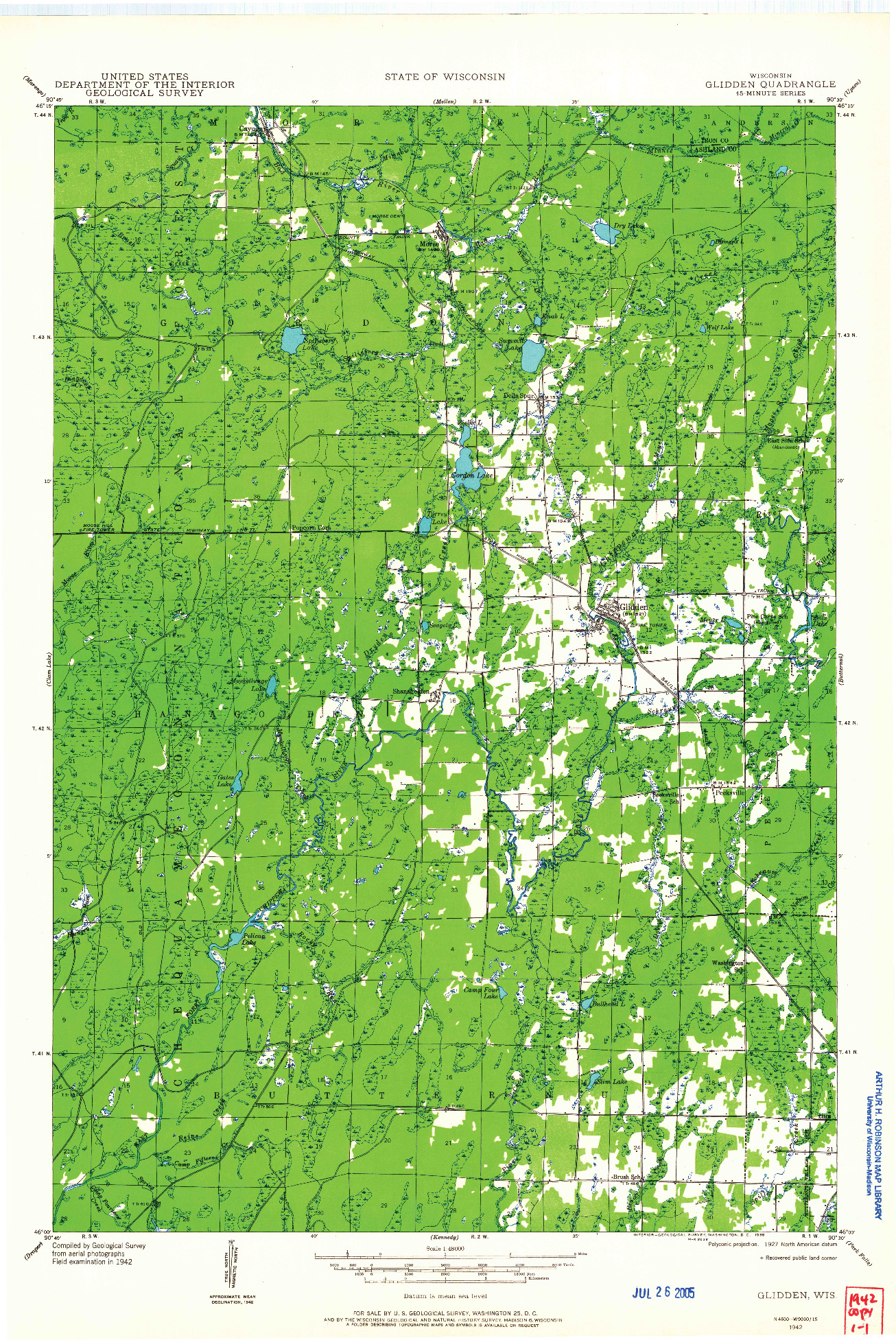 USGS 1:48000-SCALE QUADRANGLE FOR GLIDDEN, WI 1942