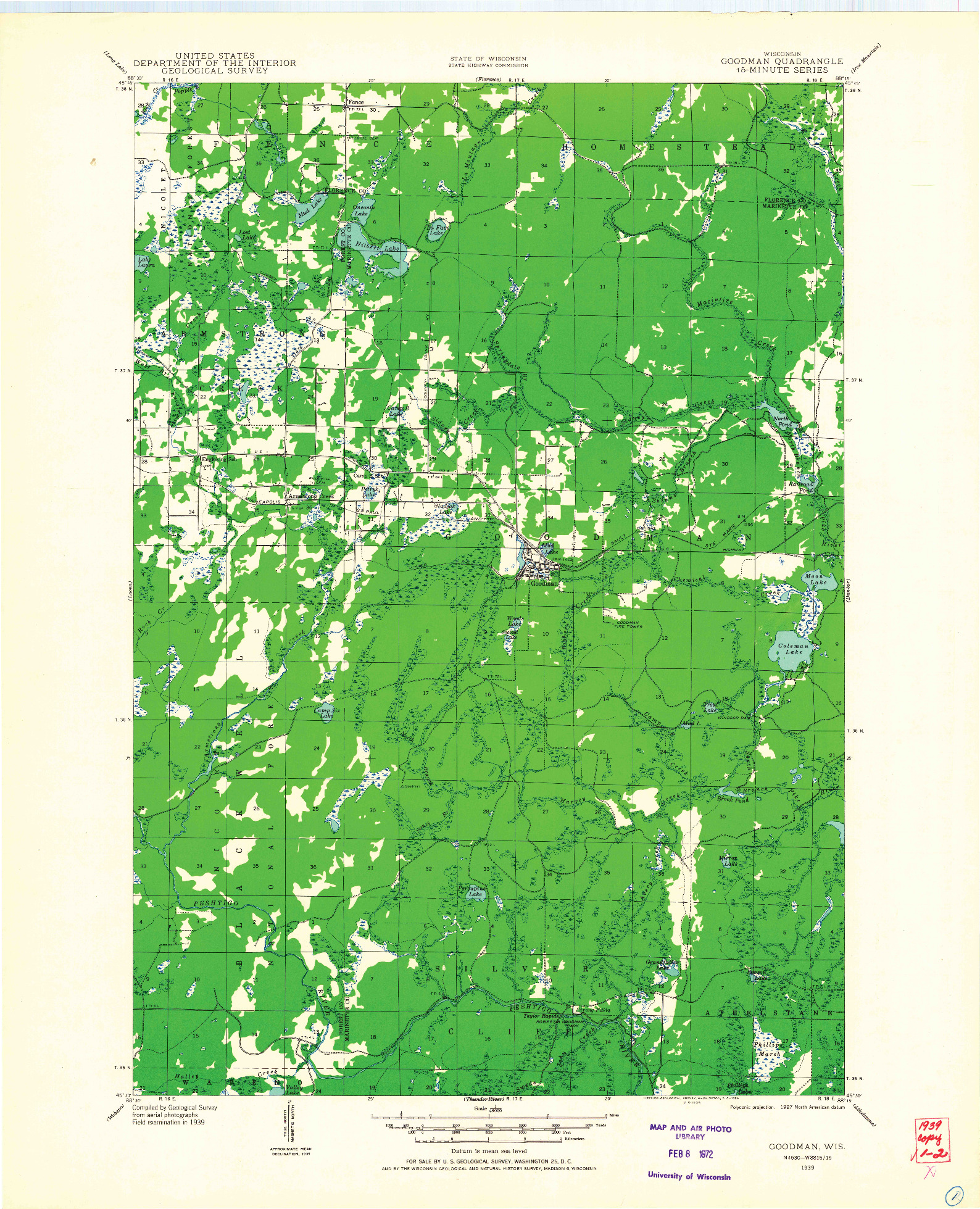USGS 1:48000-SCALE QUADRANGLE FOR GOODMAN, WI 1939
