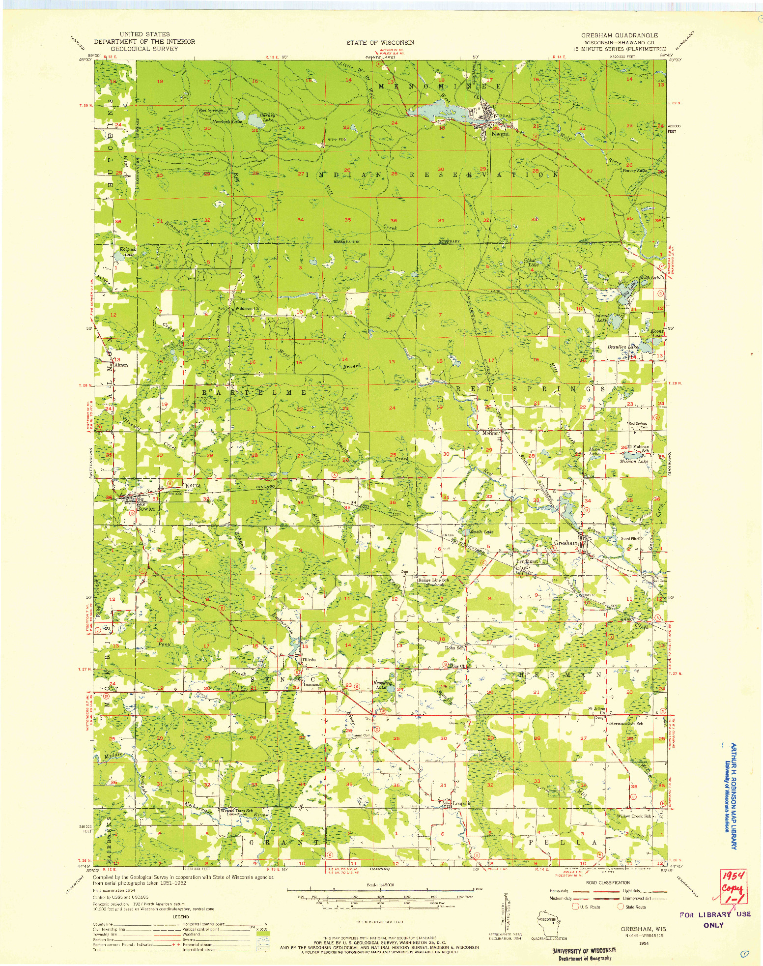 USGS 1:48000-SCALE QUADRANGLE FOR GRESHAM, WI 1954