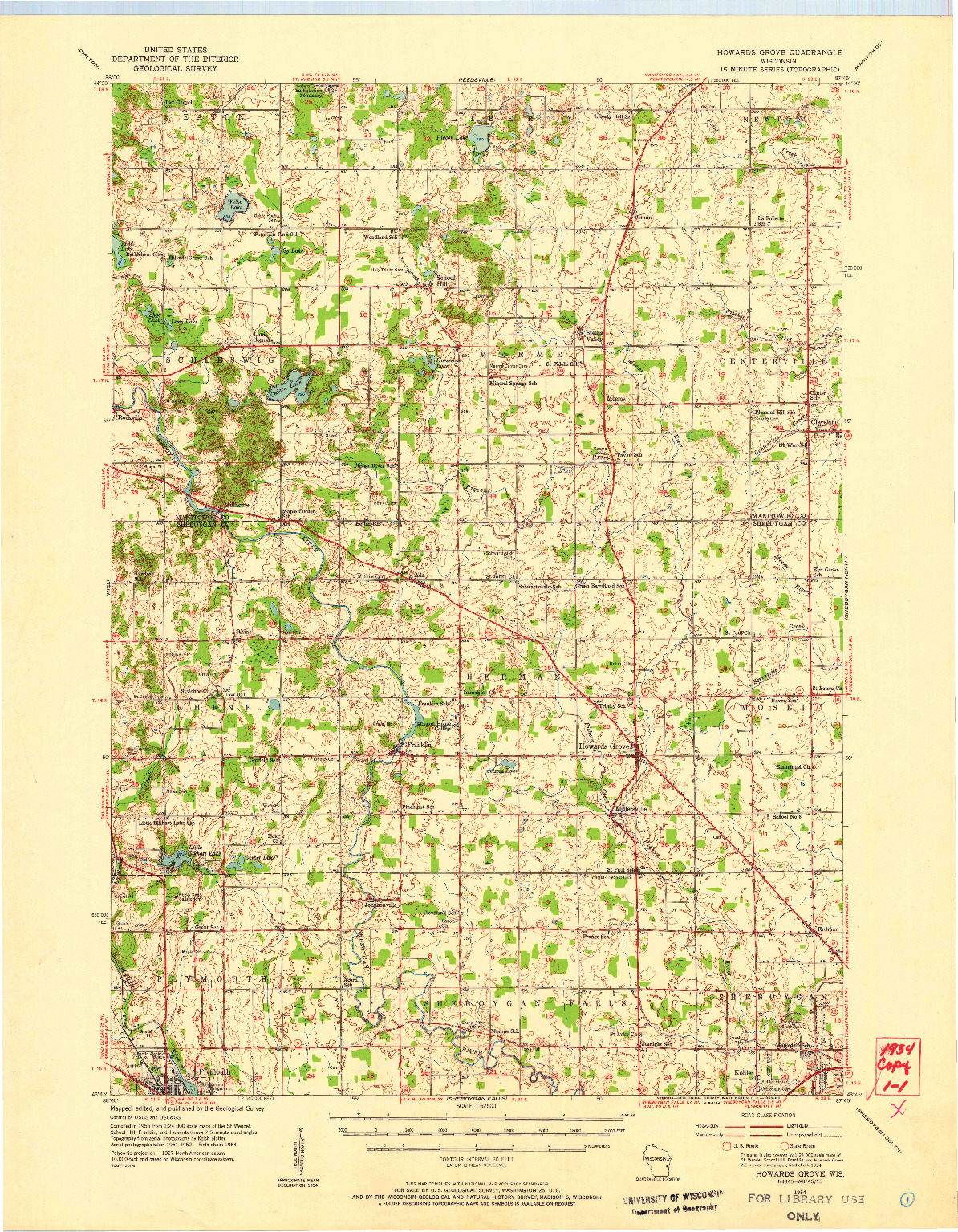 USGS 1:62500-SCALE QUADRANGLE FOR HOWARDS GROVE, WI 1954